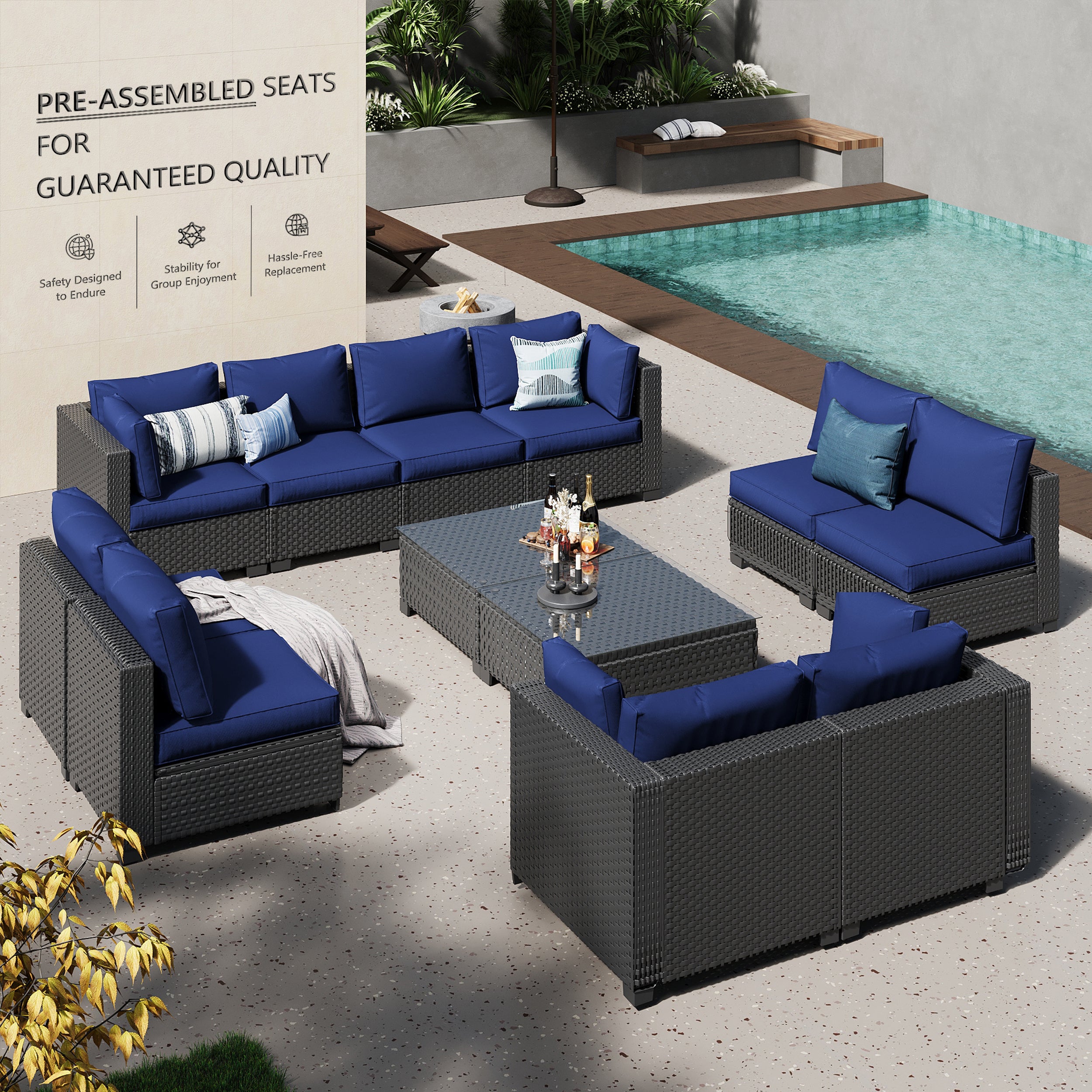 Ark Design 12-Piece Black Wicker Outdoor Patio Conversation Sectional Seating Set with Coffee Tables, Navy Blue Cushions with Sofa Protection Cover Option