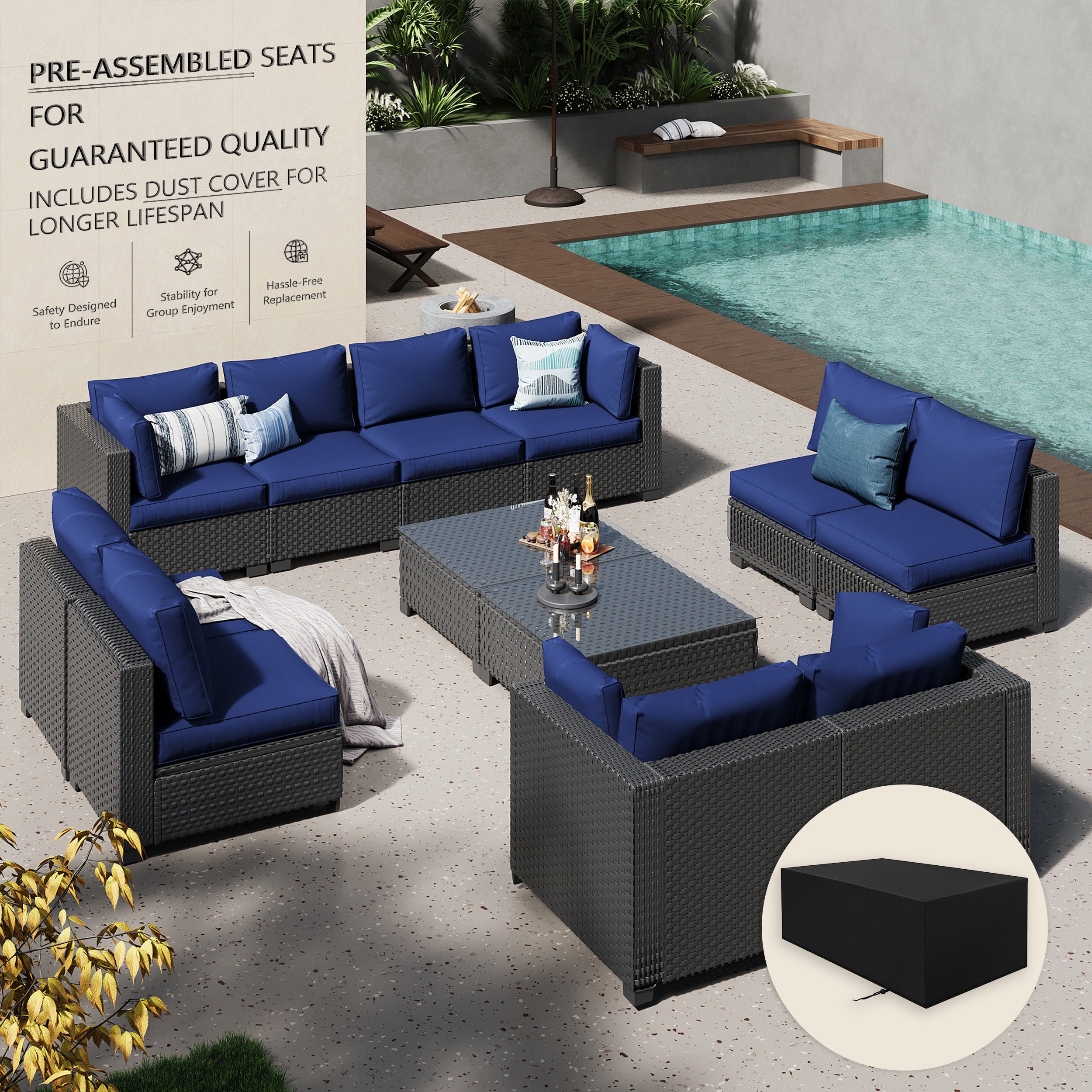 Ark Design 12-Piece Black Wicker Outdoor Patio Conversation Sectional Seating Set with Coffee Tables, Navy Blue Cushions with Sofa Protection Cover Option