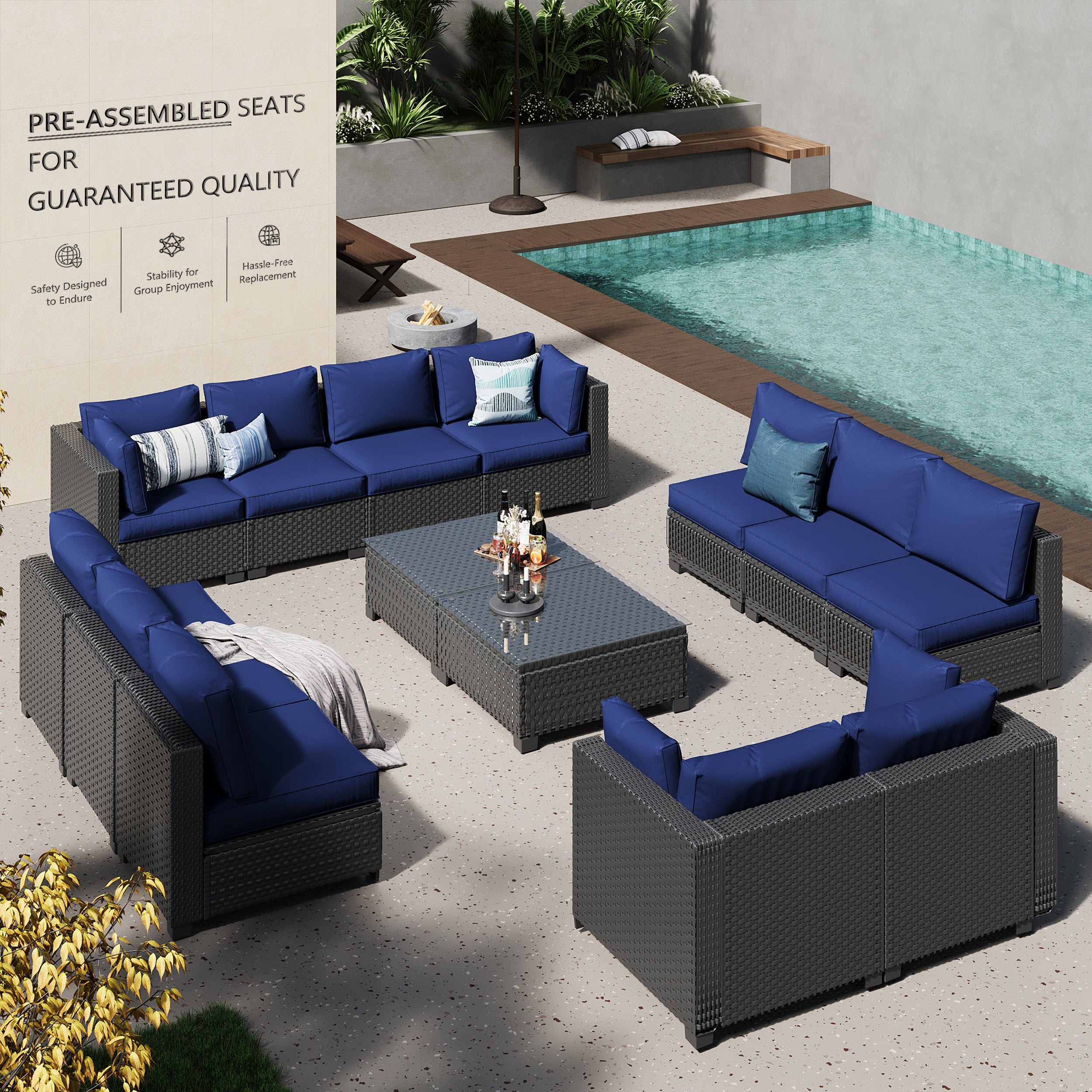 Ark Design 14-Piece Black Wicker Outdoor Patio Conversation Sectional Seating Set with Coffee Tables, Navy Blue Cushions with Sofa Protection Cover Option