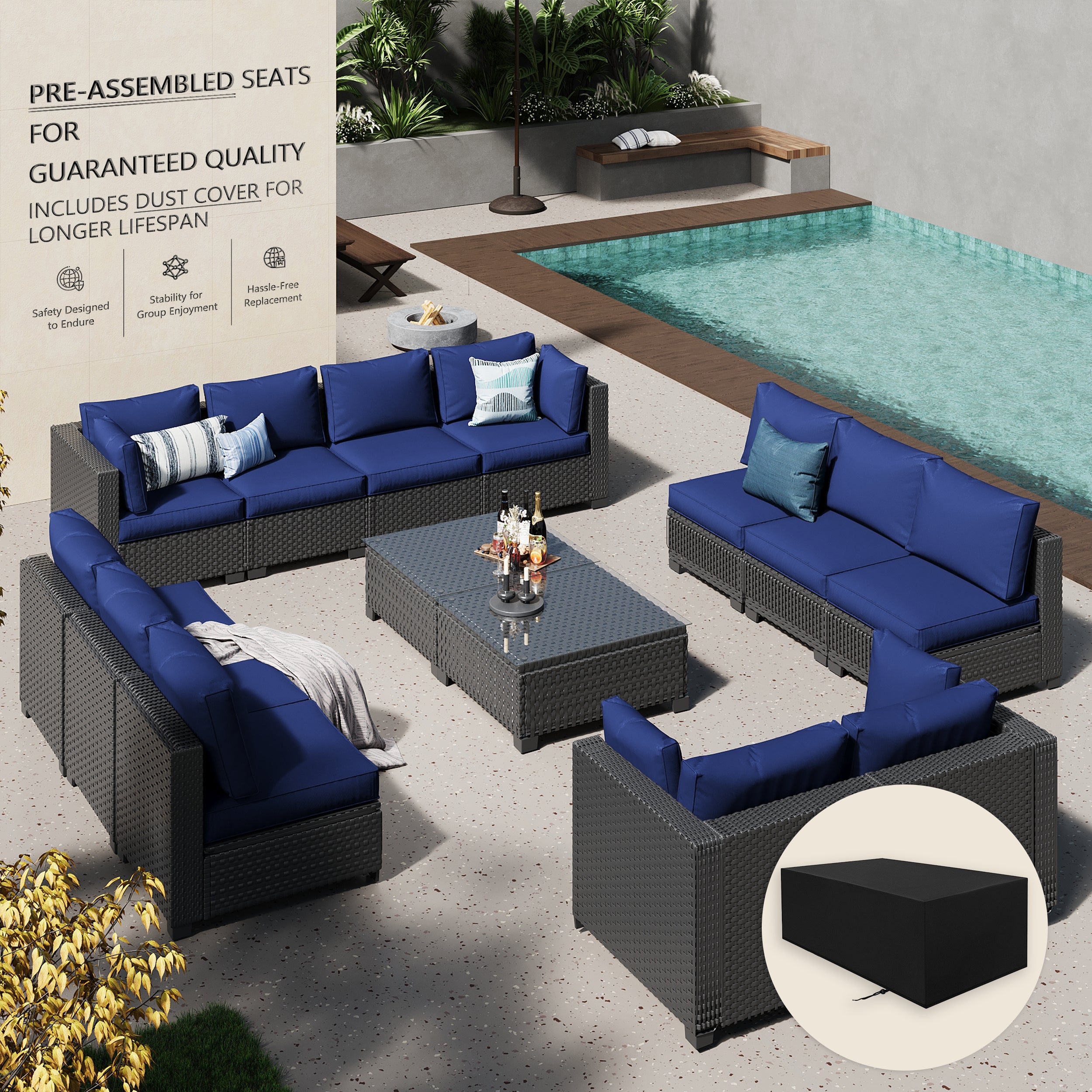 Ark Design 14-Piece Black Wicker Outdoor Patio Conversation Sectional Seating Set with Coffee Tables, Navy Blue Cushions with Sofa Protection Cover Option