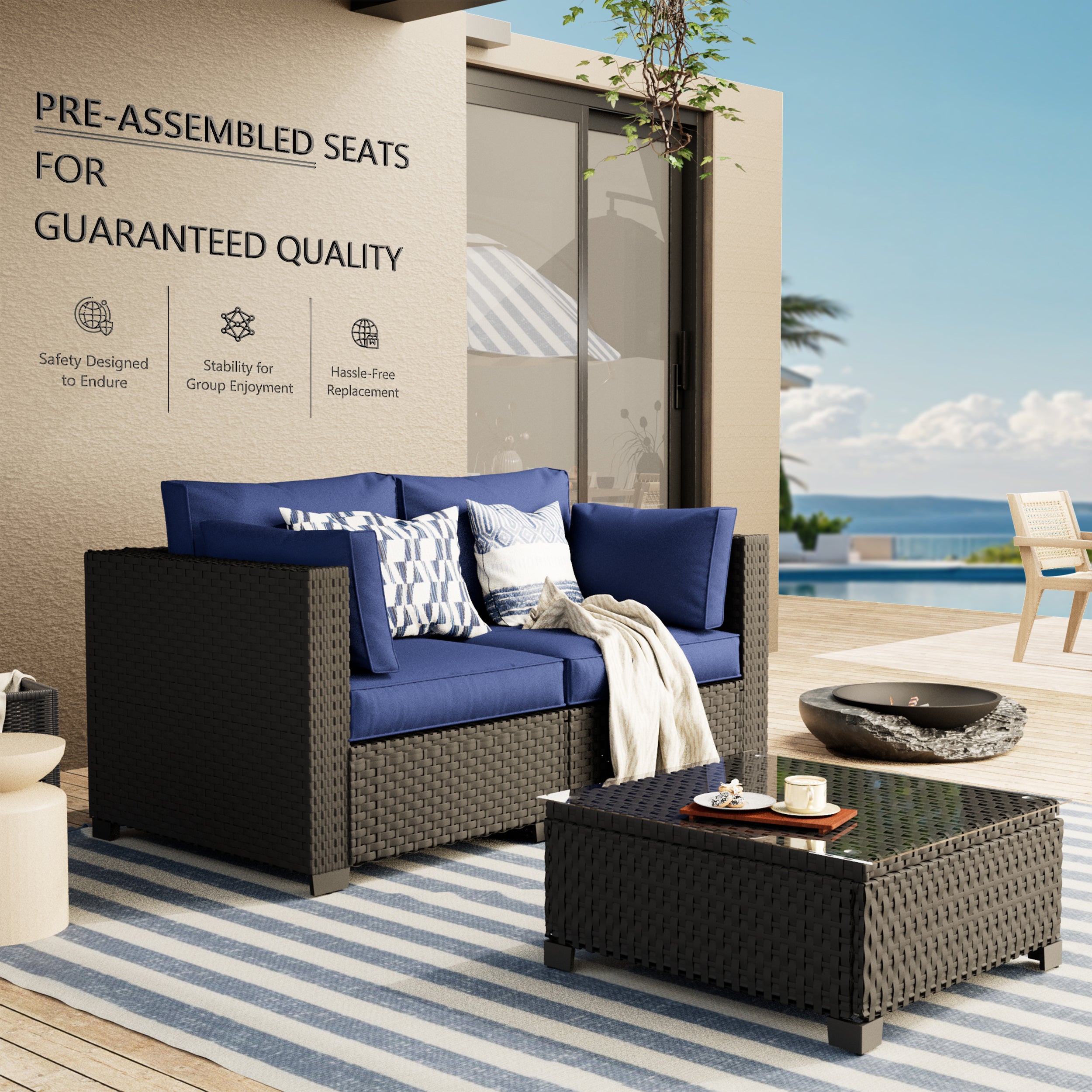 Ark Design 3-Piece Black Wicker Outdoor Patio Conversation Sectional Seating Set with Coffee Tables, Navy Blue Cushions with Sofa Protection Cover Option