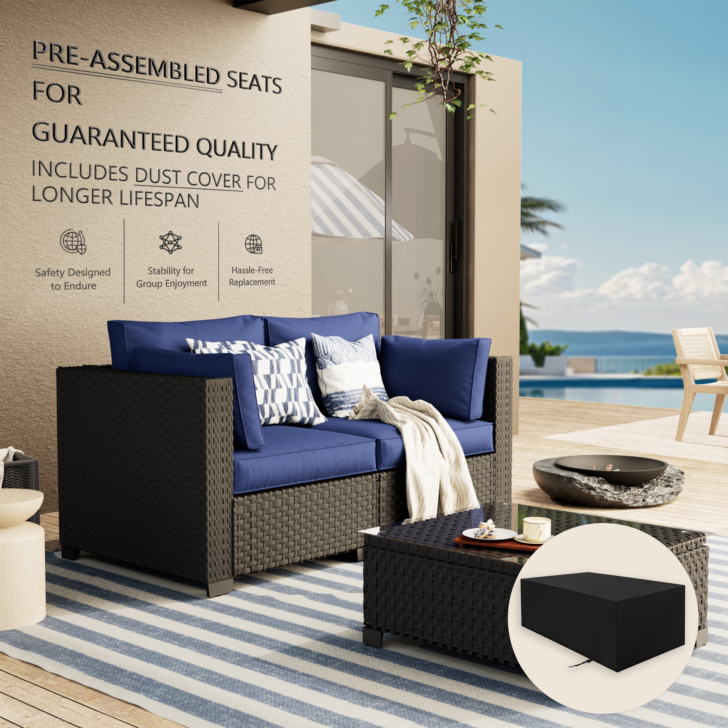 Ark Design 3-Piece Black Wicker Outdoor Patio Conversation Sectional Seating Set with Coffee Tables, Navy Blue Cushions with Sofa Protection Cover Option