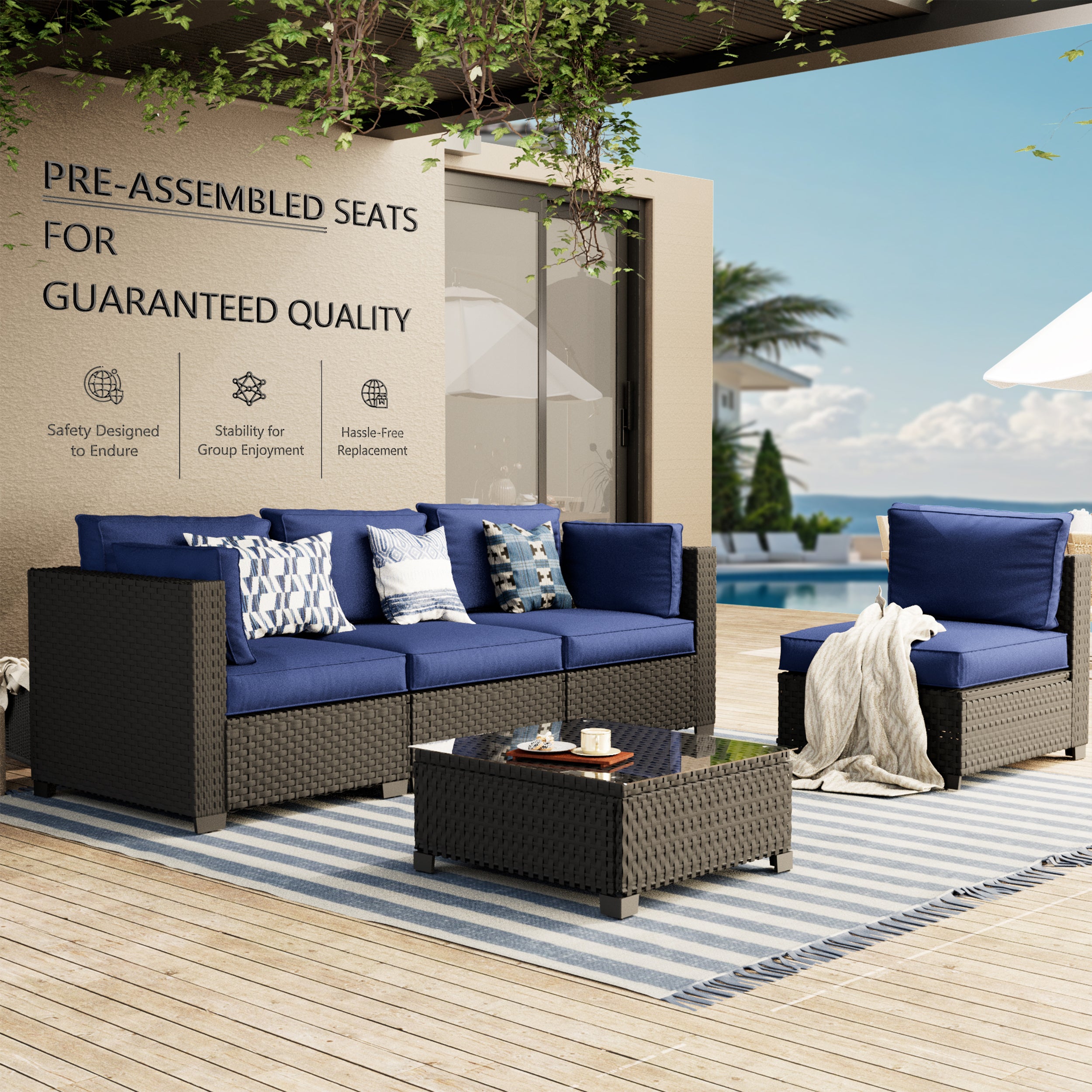 Ark Design 5-Piece Black Wicker Outdoor Patio Conversation Sectional Seating Set with Coffee Tables, Navy Blue Cushions with Sofa Protection Cover Option