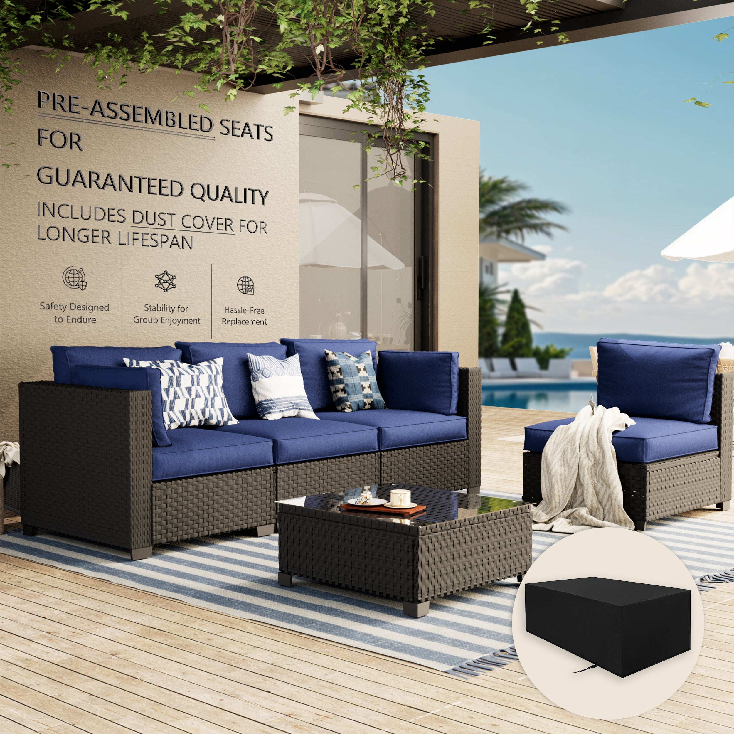 Ark Design 5-Piece Black Wicker Outdoor Patio Conversation Sectional Seating Set with Coffee Tables, Navy Blue Cushions with Sofa Protection Cover Option