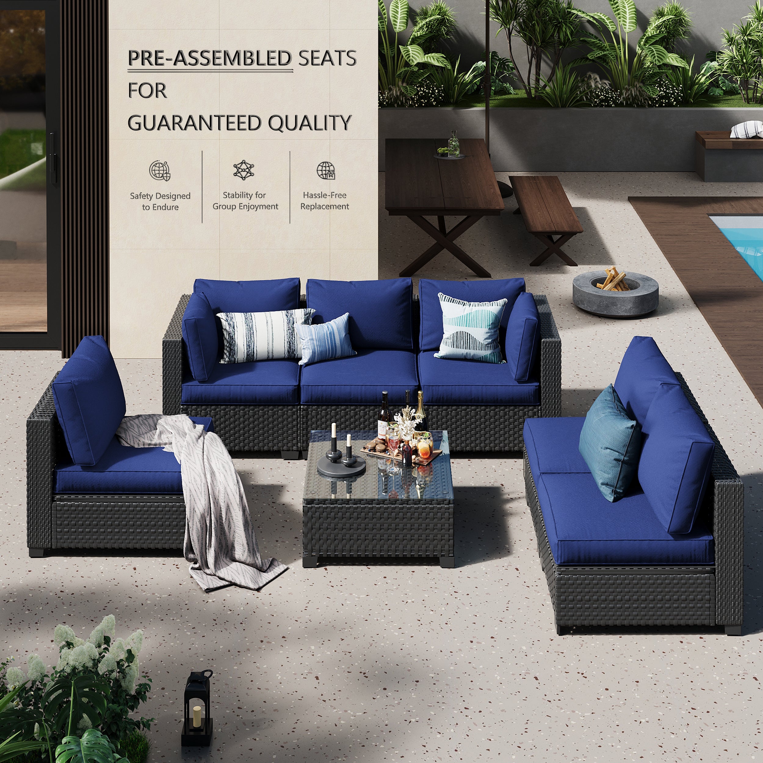 Ark Design 7-Piece Black Wicker Outdoor Patio Conversation Sectional Seating Set with Coffee Tables, Navy Blue Cushions with Sofa Protection Cover Option