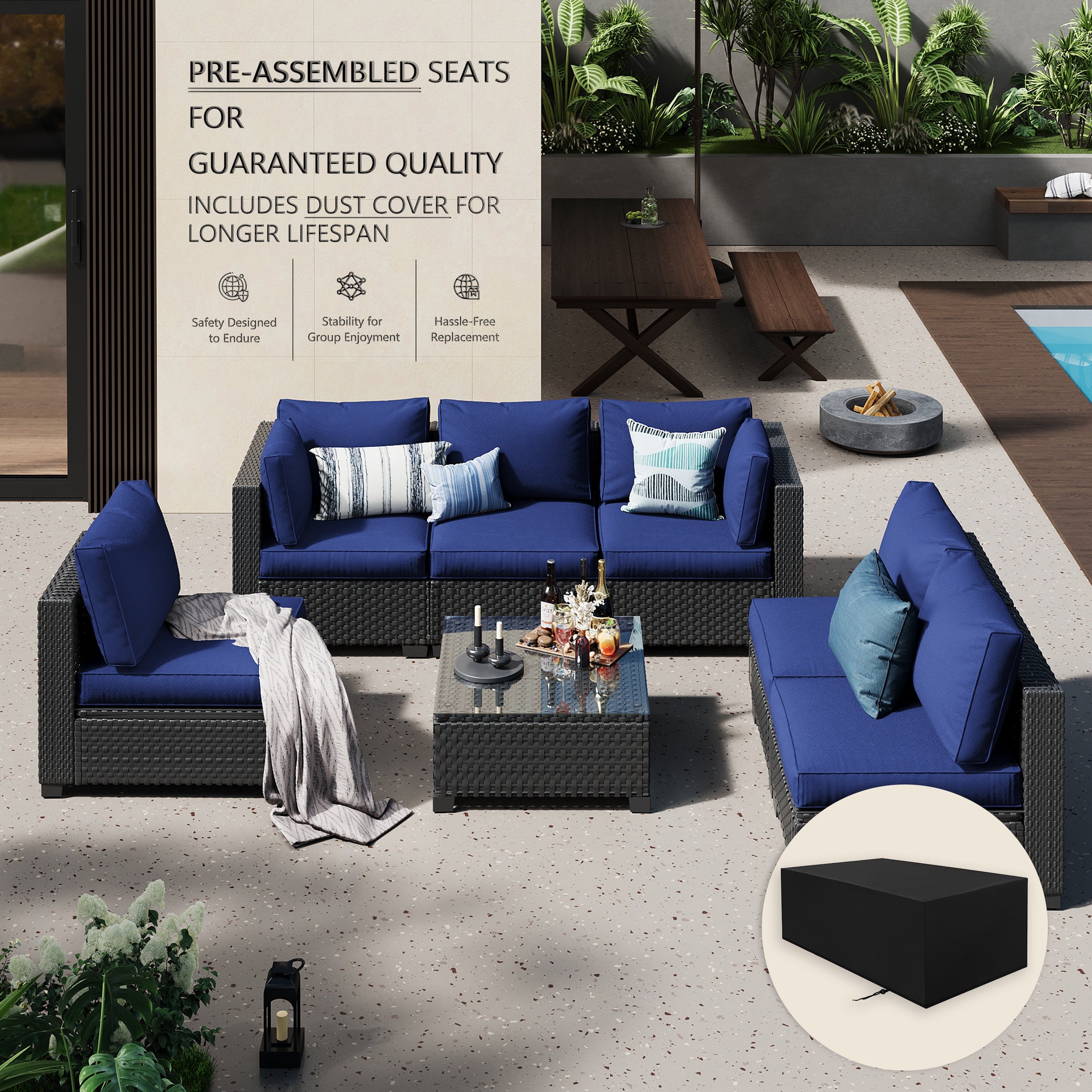 Ark Design 7-Piece Black Wicker Outdoor Patio Conversation Sectional Seating Set with Coffee Tables, Navy Blue Cushions with Sofa Protection Cover Option