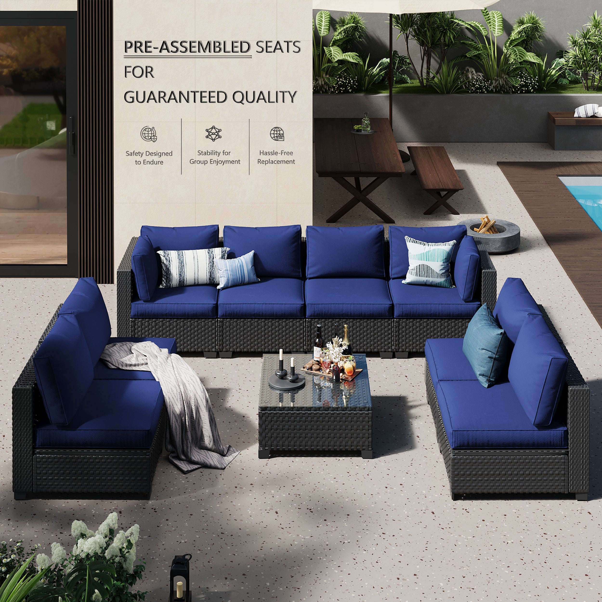 Ark Design 9-Piece Black Wicker Outdoor Patio Conversation Sectional Seating Set with Coffee Tables, Navy Blue Cushions with Sofa Protection Cover Option