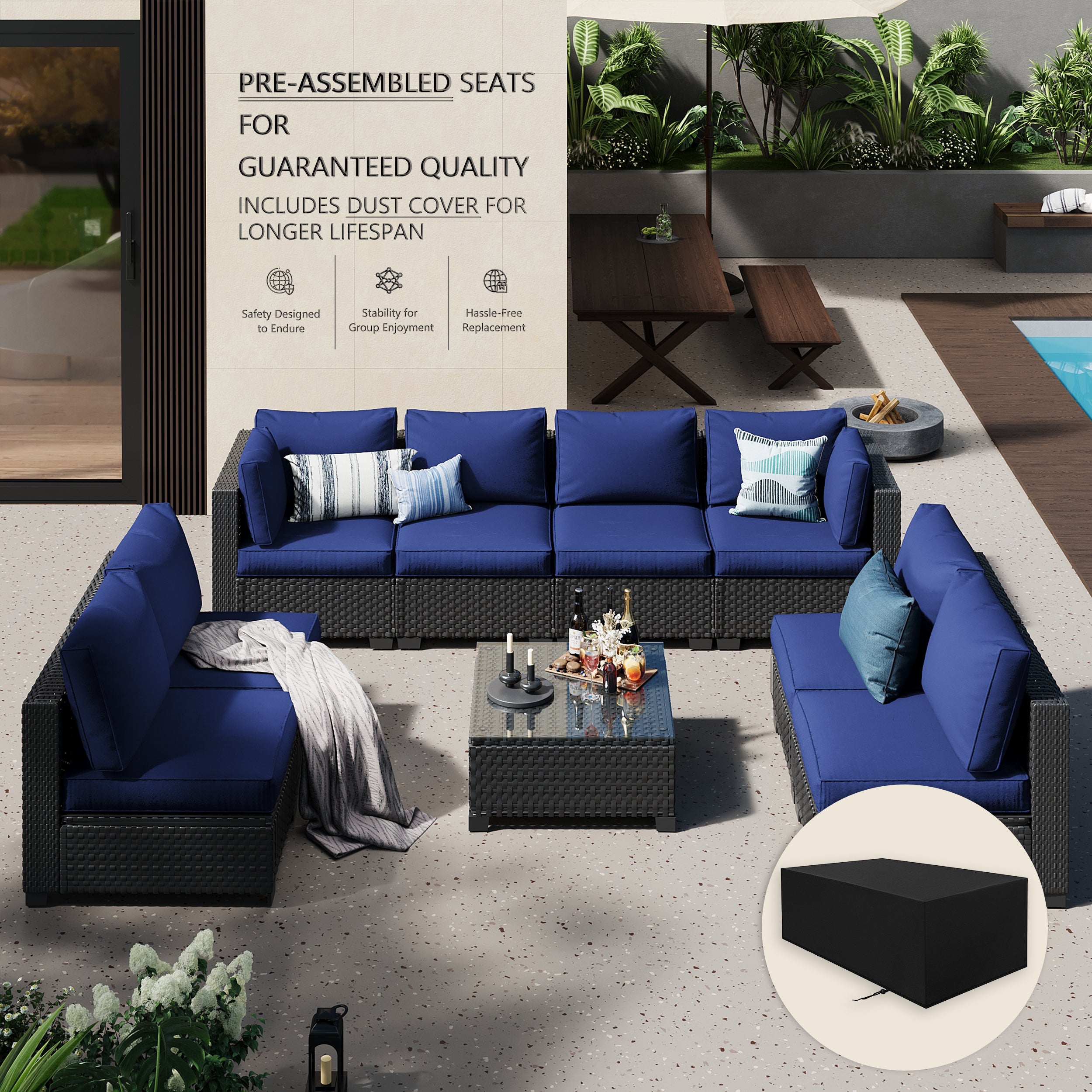 Ark Design 9-Piece Black Wicker Outdoor Patio Conversation Sectional Seating Set with Coffee Tables, Navy Blue Cushions with Sofa Protection Cover Option