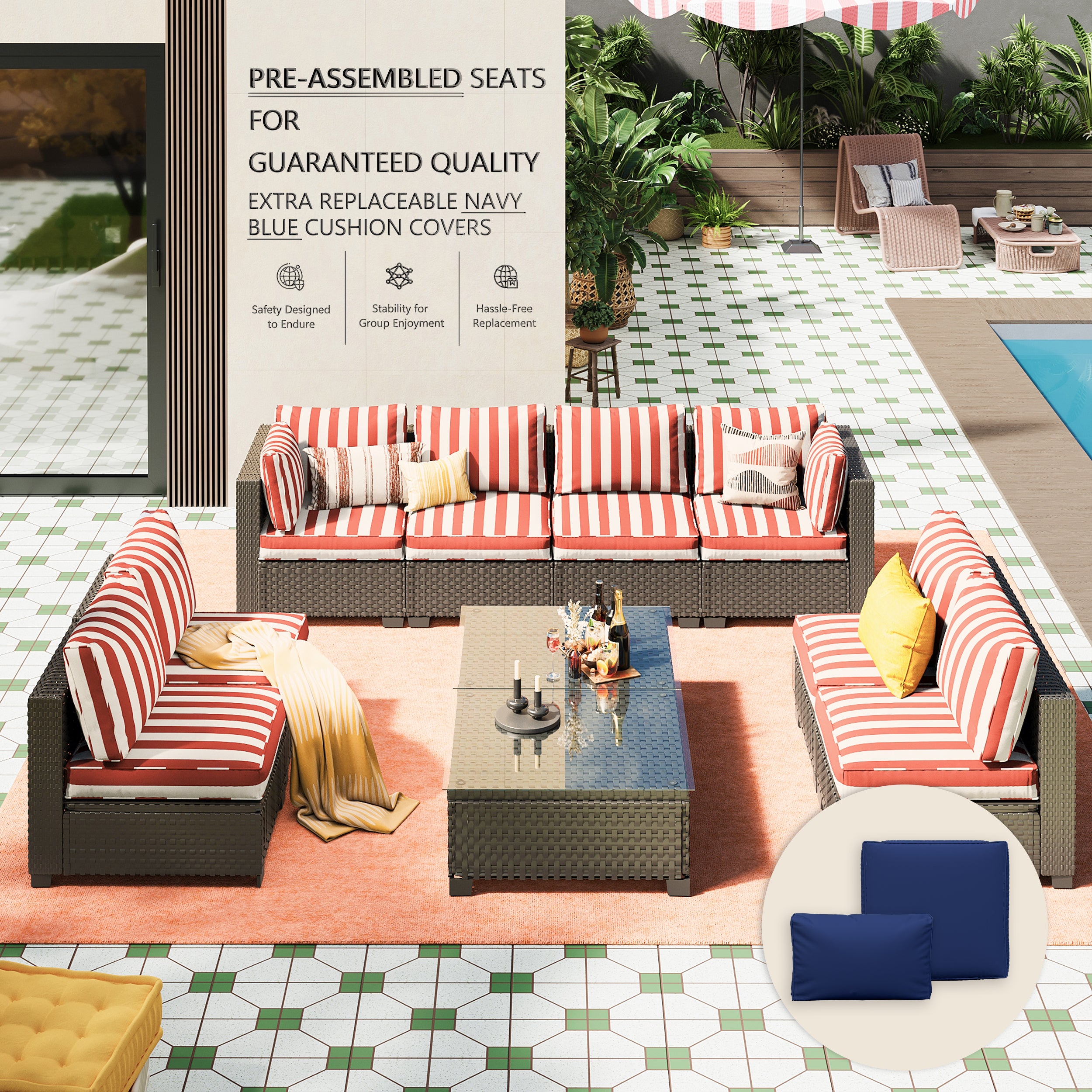 Ark Design 10-Piece Rattan Wicker Outdoor Patio Conversation SofaSeating Set with Coffee Table, Stripe Red Cushions with Sofa Protection Cover Option