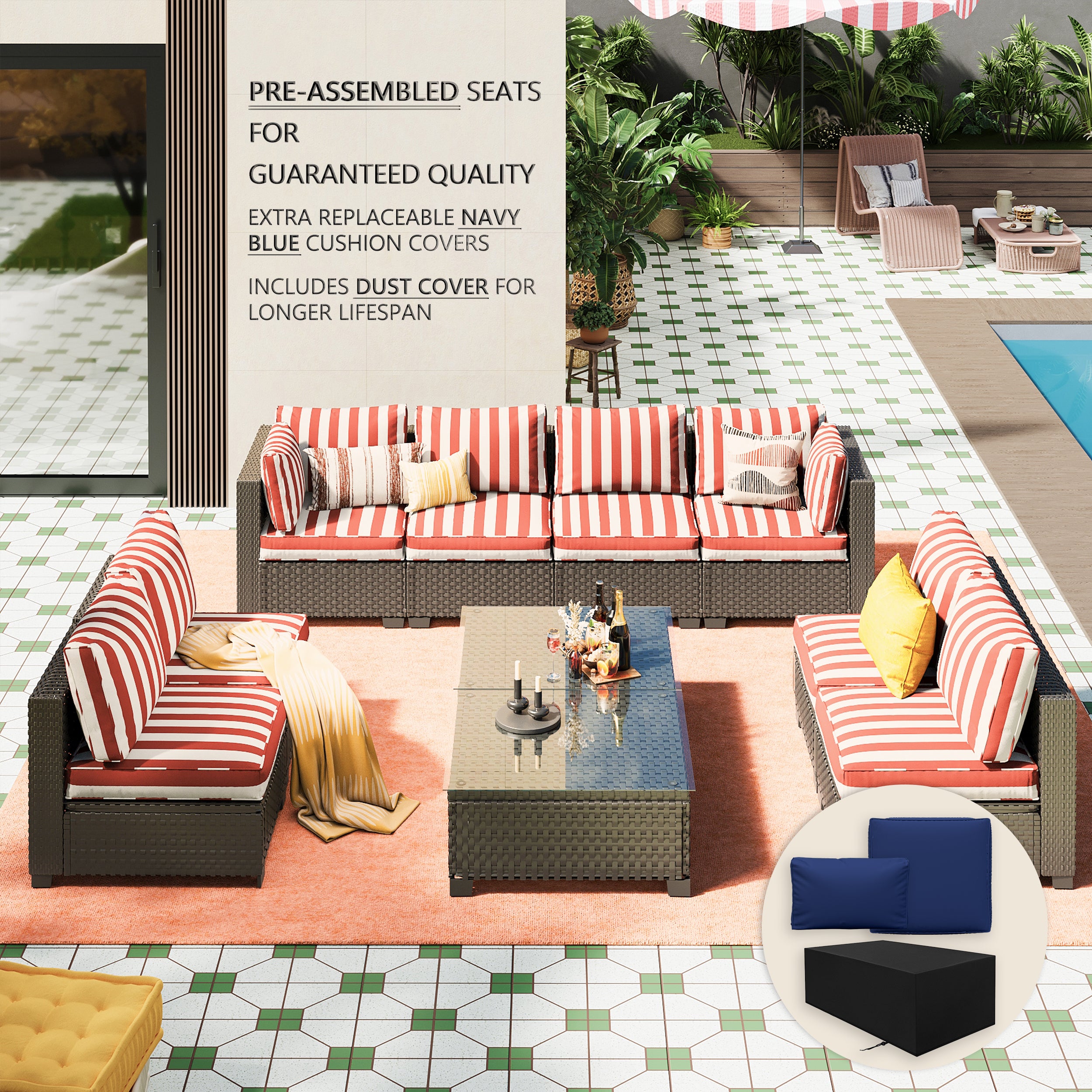 Ark Design 10-Piece Rattan Wicker Outdoor Patio Conversation SofaSeating Set with Coffee Table, Stripe Red Cushions with Sofa Protection Cover Option