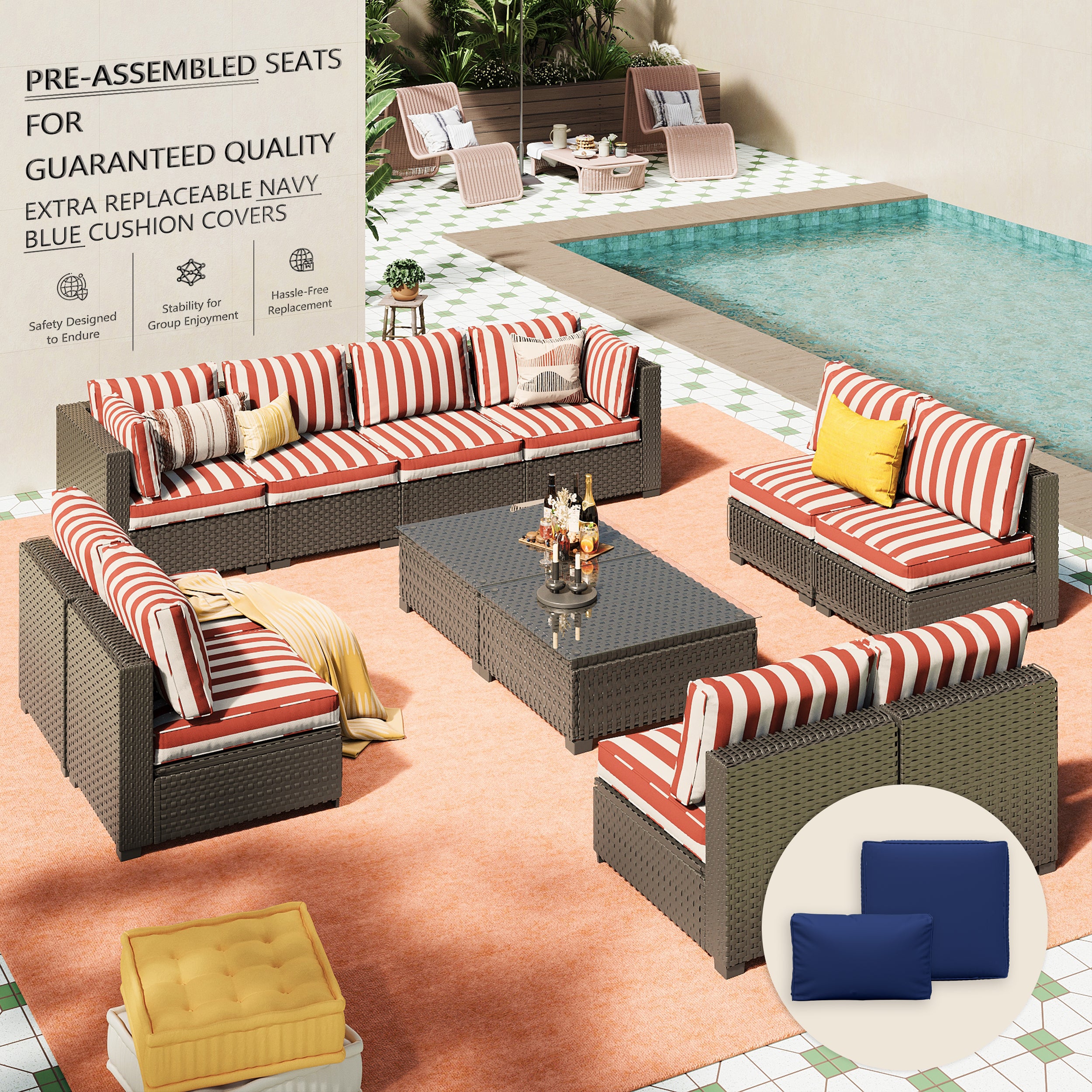 Ark Design 12-Piece Rattan Wicker Outdoor Patio Conversation SofaSeating Set with Coffee Table, Stripe Red Cushions with Sofa Protection Cover Option