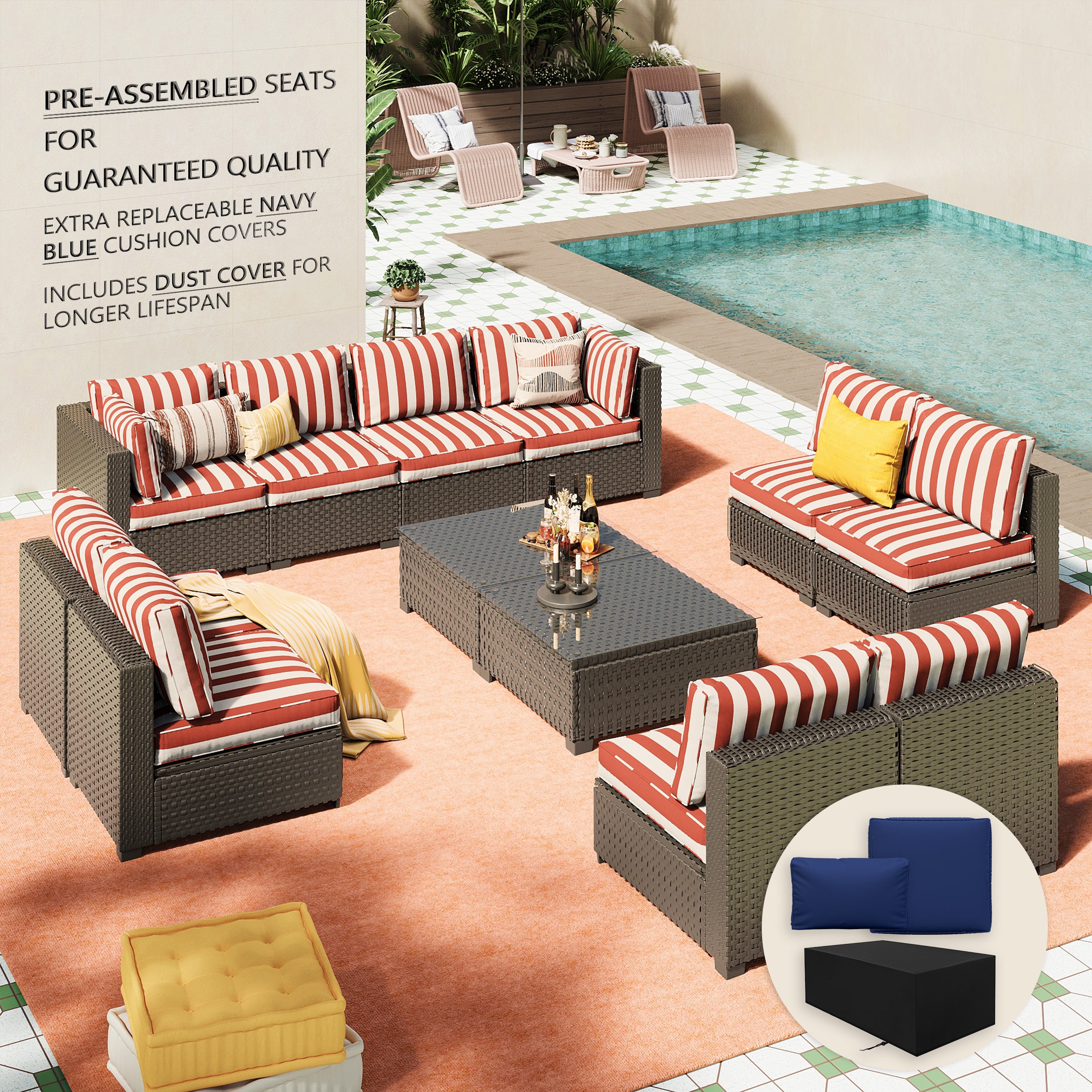 Ark Design 12-Piece Rattan Wicker Outdoor Patio Conversation SofaSeating Set with Coffee Table, Stripe Red Cushions with Sofa Protection Cover Option