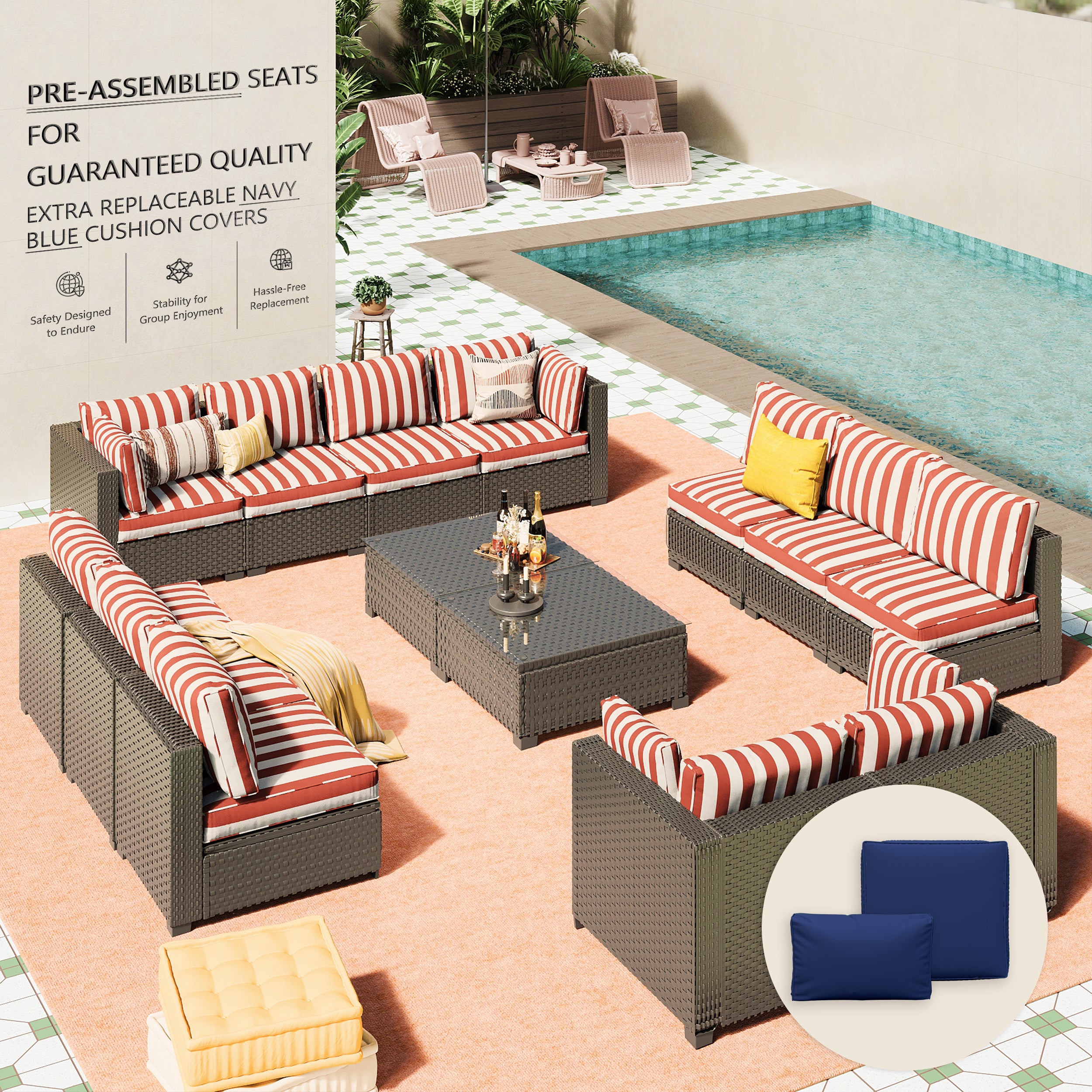 Ark Design 14-Piece Rattan Wicker Outdoor Patio Conversation SofaSeating Set with Coffee Table, Stripe Red Cushions with Sofa Protection Cover Option