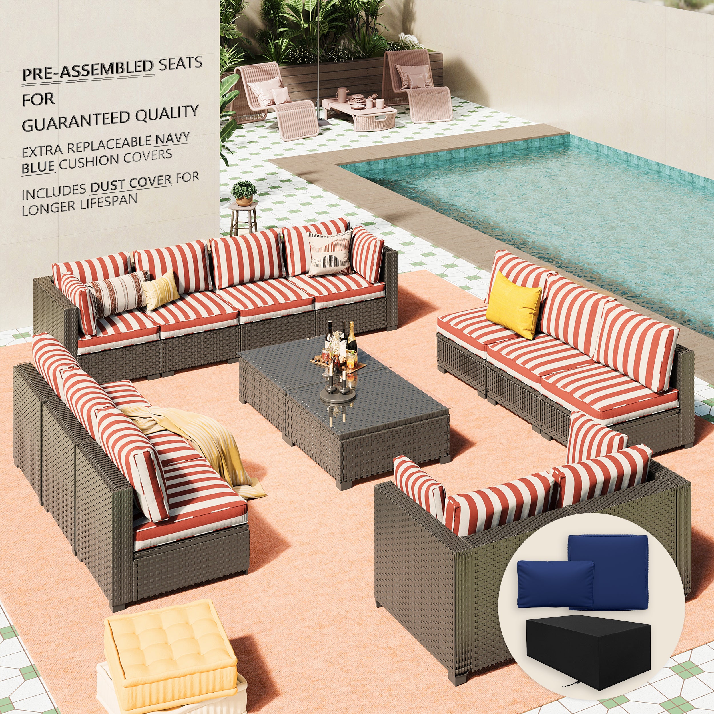 Ark Design 14-Piece Rattan Wicker Outdoor Patio Conversation SofaSeating Set with Coffee Table, Stripe Red Cushions with Sofa Protection Cover Option