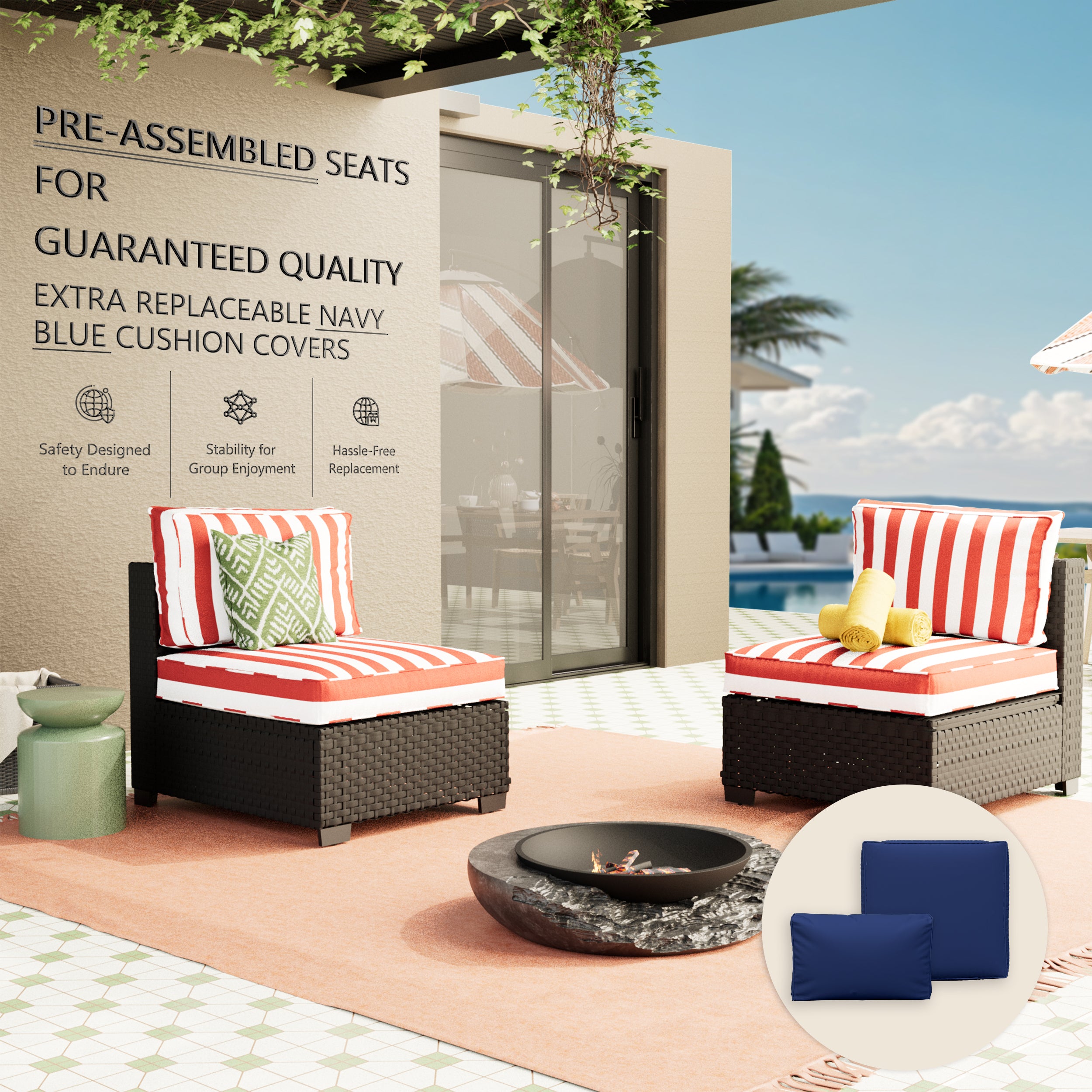 Ark Design 2-Piece Rattan Wicker Outdoor Patio Conversation SofaSeating Set, Stripe Red Cushions with Sofa Protection Cover Option