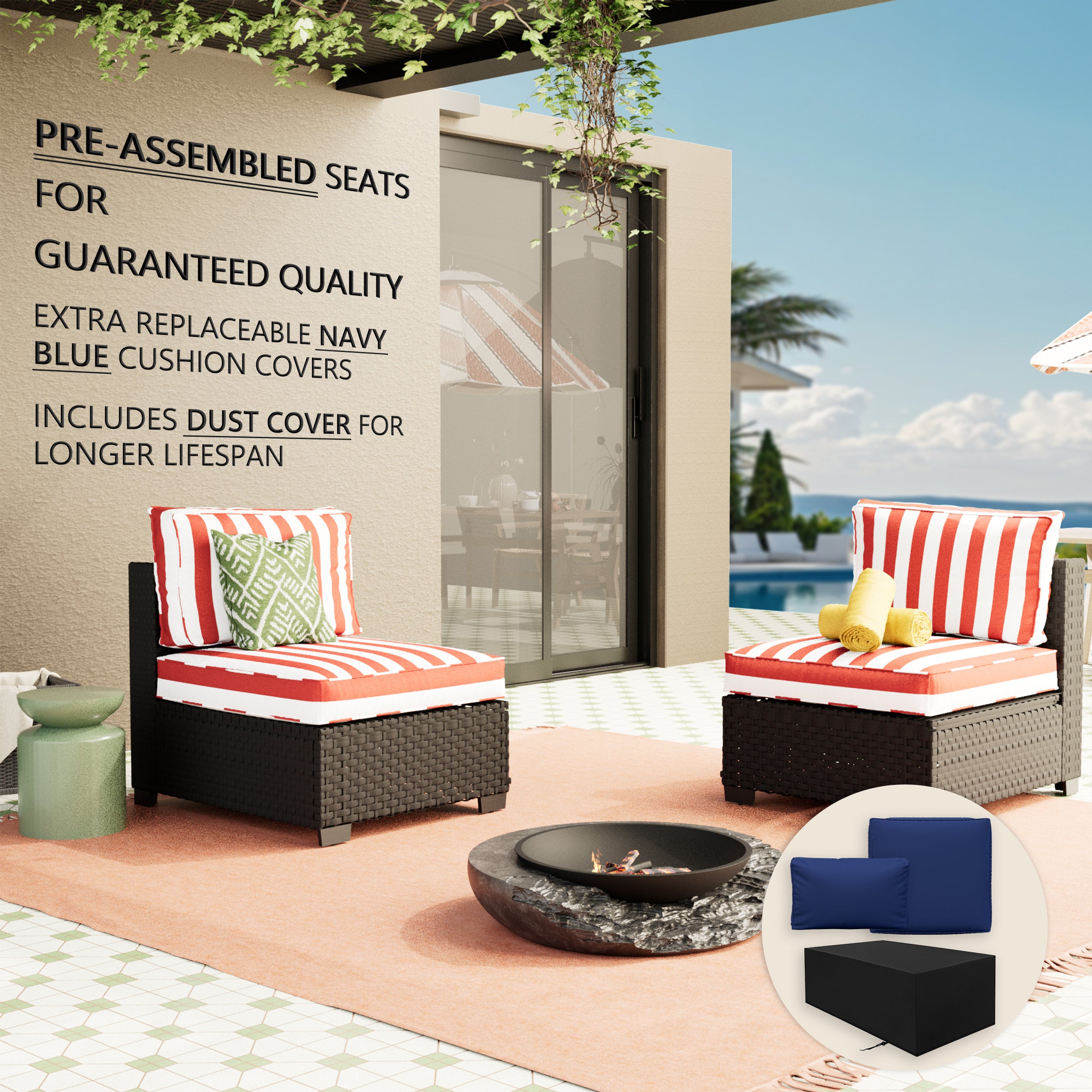 Ark Design 2-Piece Rattan Wicker Outdoor Patio Conversation SofaSeating Set, Stripe Red Cushions with Sofa Protection Cover Option