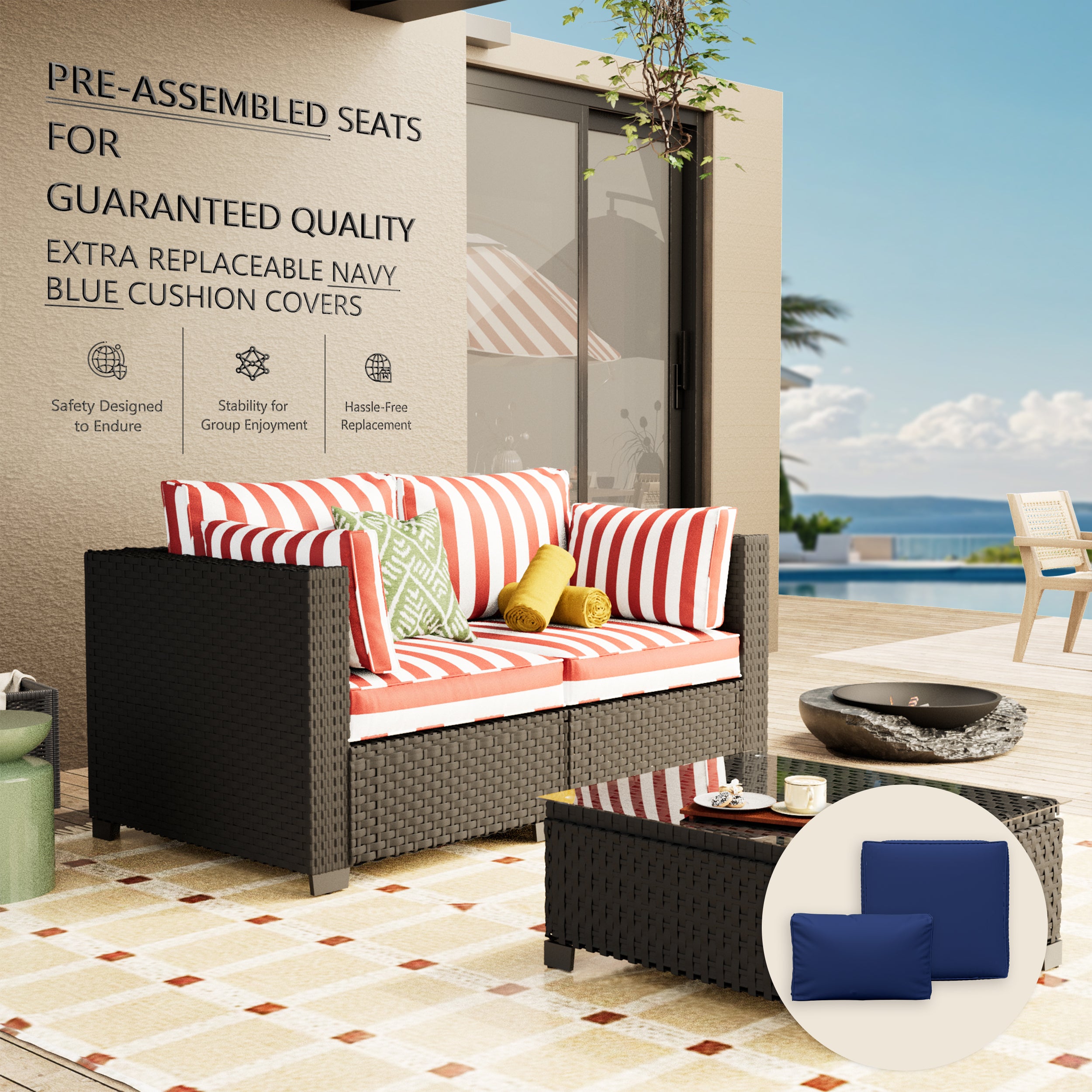 Ark Design 3-Piece Rattan Wicker Outdoor Patio Conversation SofaSeating Set with Coffee Table, Stripe Red Cushions with Sofa Protection Cover Option