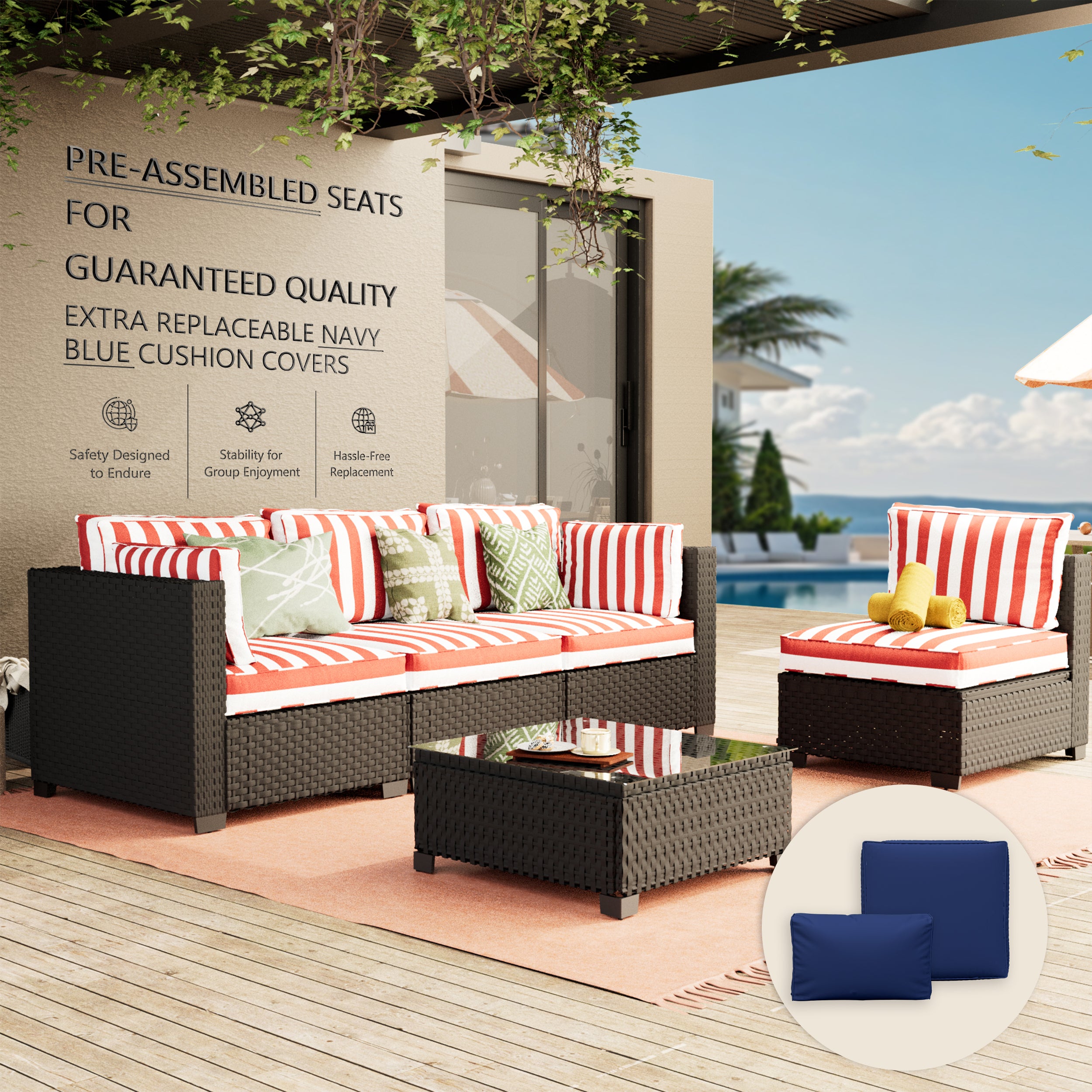 Ark Design 5-Piece Rattan Wicker Outdoor Patio Conversation SofaSeating Set with Coffee Table, Stripe Red Cushions with Sofa Protection Cover Option