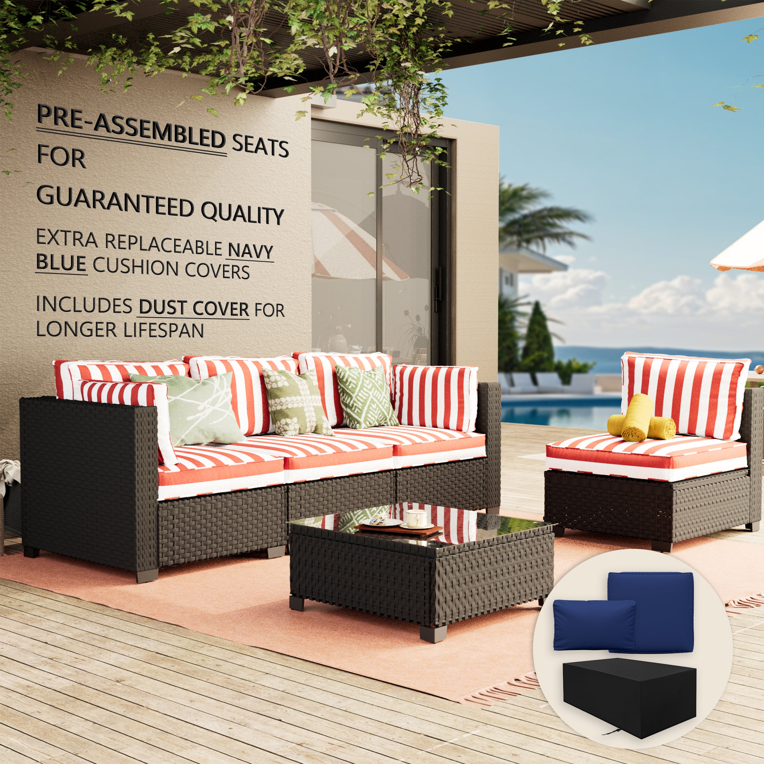 Ark Design 5-Piece Rattan Wicker Outdoor Patio Conversation SofaSeating Set with Coffee Table, Stripe Red Cushions with Sofa Protection Cover Option