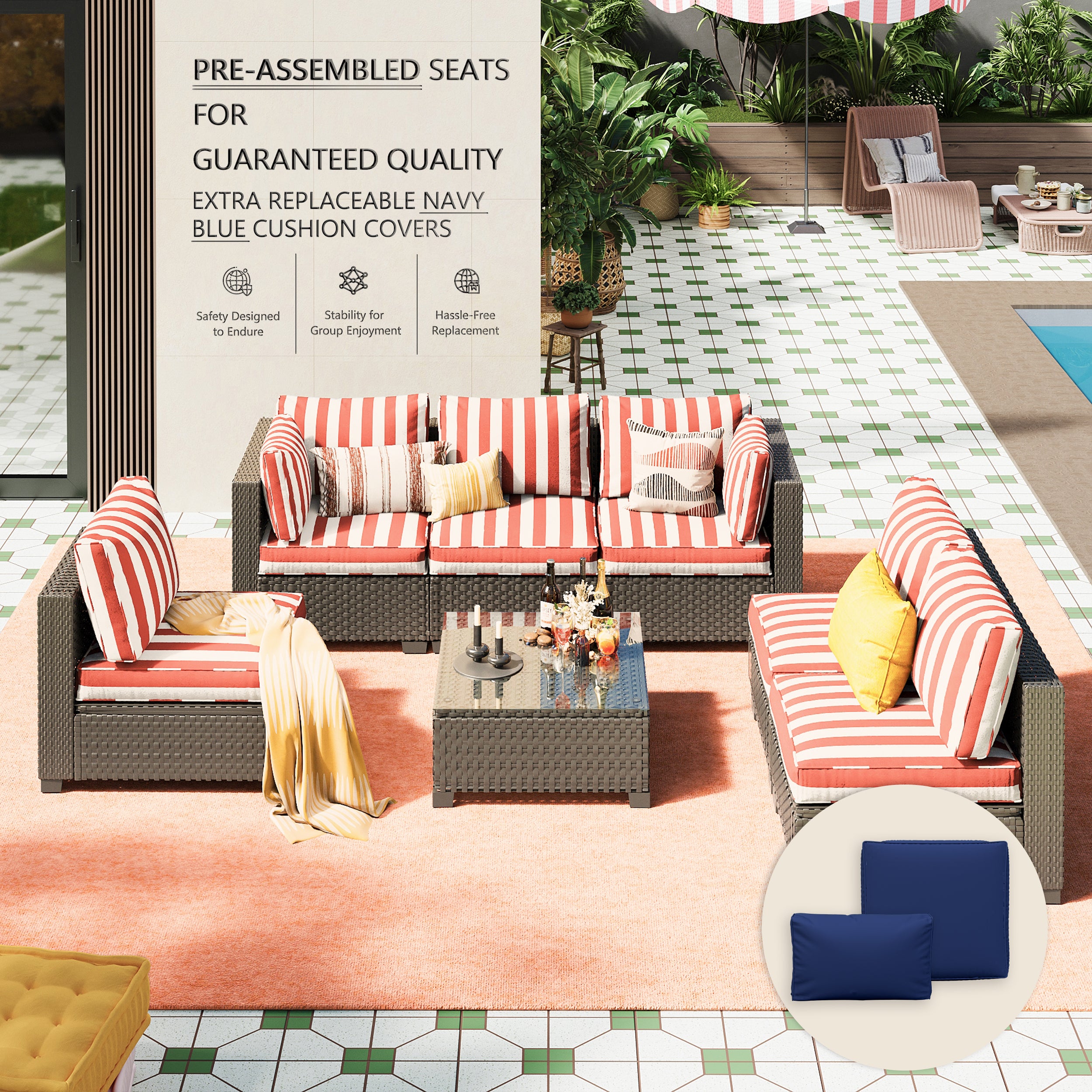 Ark Design 7-Piece Rattan Wicker Outdoor Patio Conversation SofaSeating Set with Coffee Table, Stripe Red Cushions with Sofa Protection Cover Option