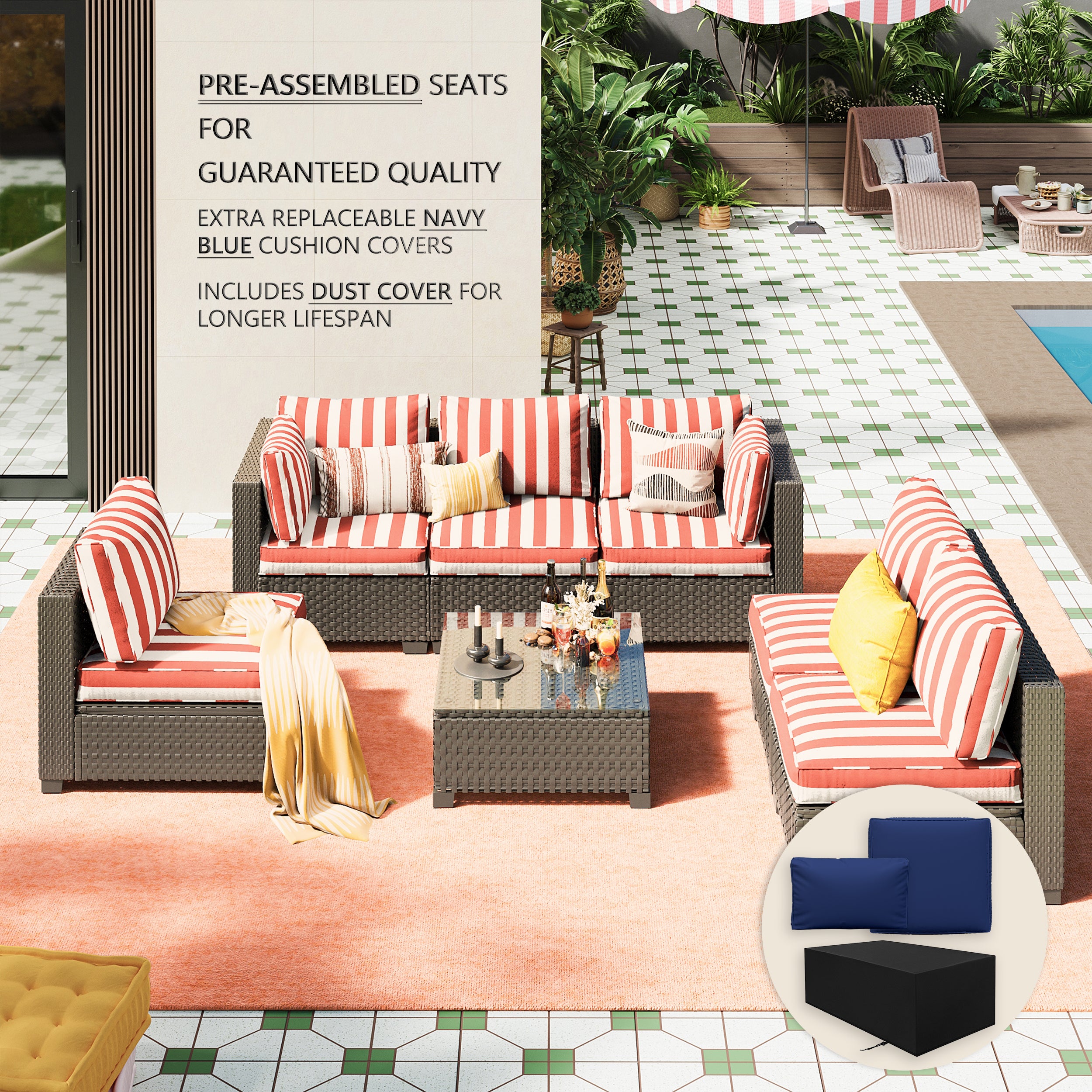 Ark Design 7-Piece Rattan Wicker Outdoor Patio Conversation SofaSeating Set with Coffee Table, Stripe Red Cushions with Sofa Protection Cover Option