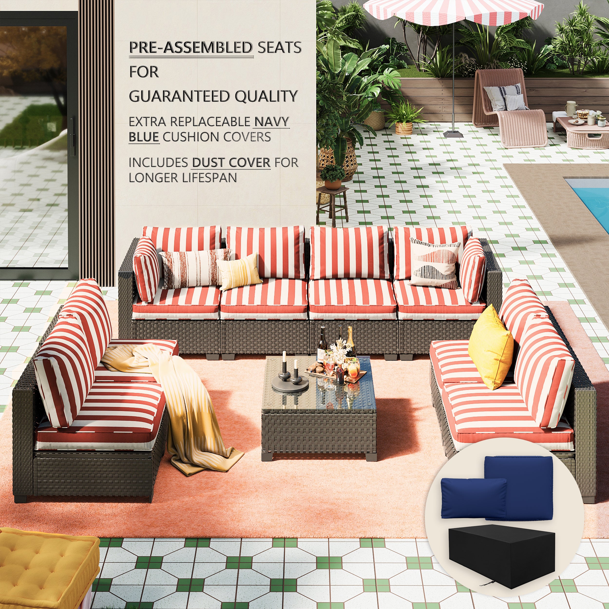 Ark Design 9-Piece Rattan Wicker Outdoor Patio Conversation SofaSeating Set with Coffee Table, Stripe Red Cushions with Sofa Protection Cover Option