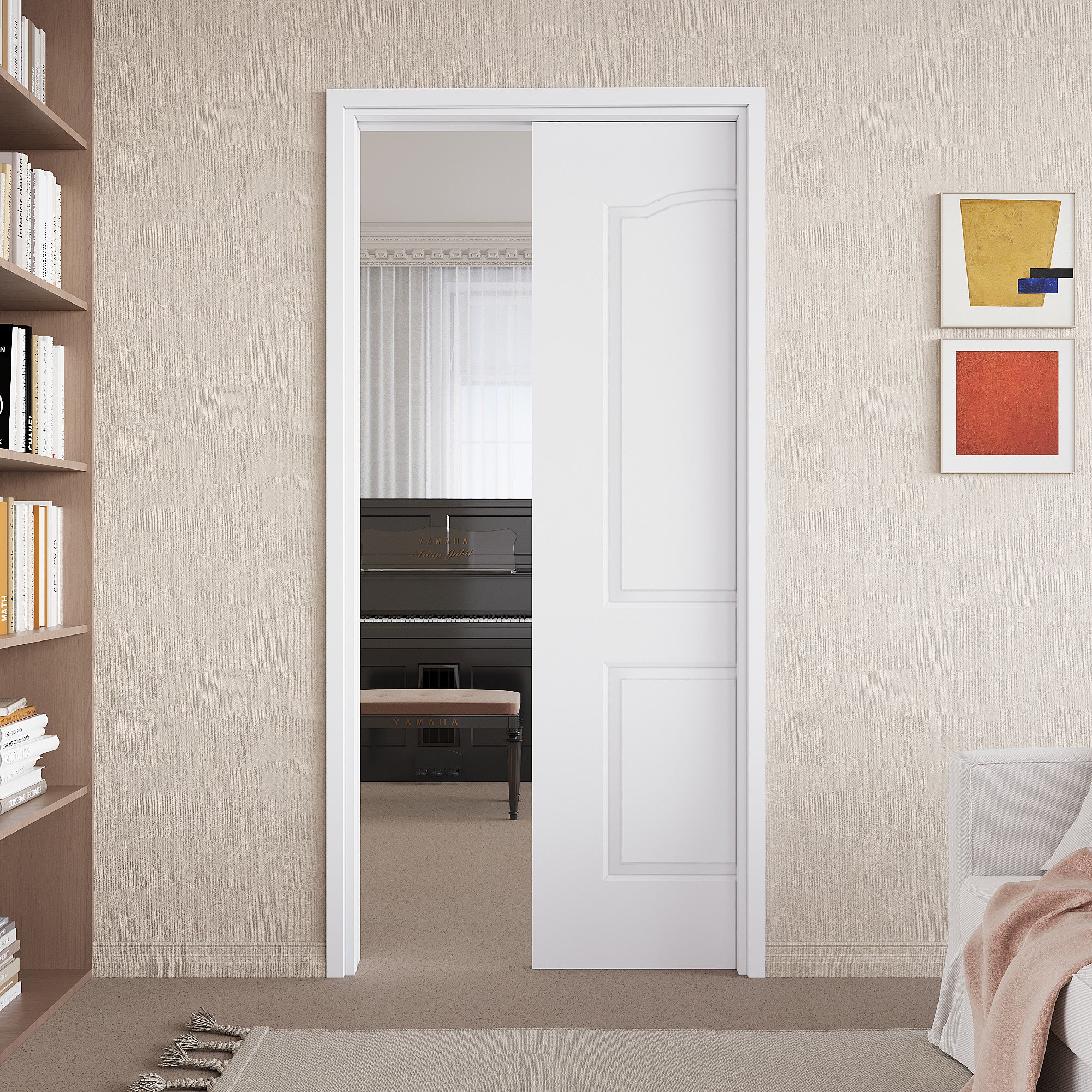 Ark Design Molded Arch Top 2 lite Panel Pocket Door with Hardware Kit & Soft Close & Frame, Solid Core MDF Wood & Paint-grade Finished, White