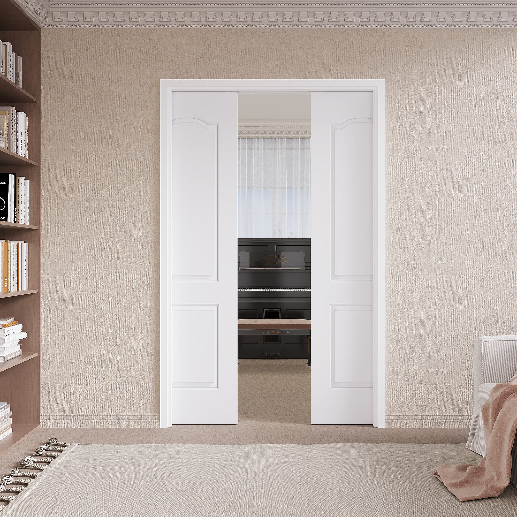 Ark Design Molded Arch Top 2 lite Panel Pocket Door with Hardware Kit & Soft Close & Frame, Solid Core MDF Wood & Paint-grade Finished, White