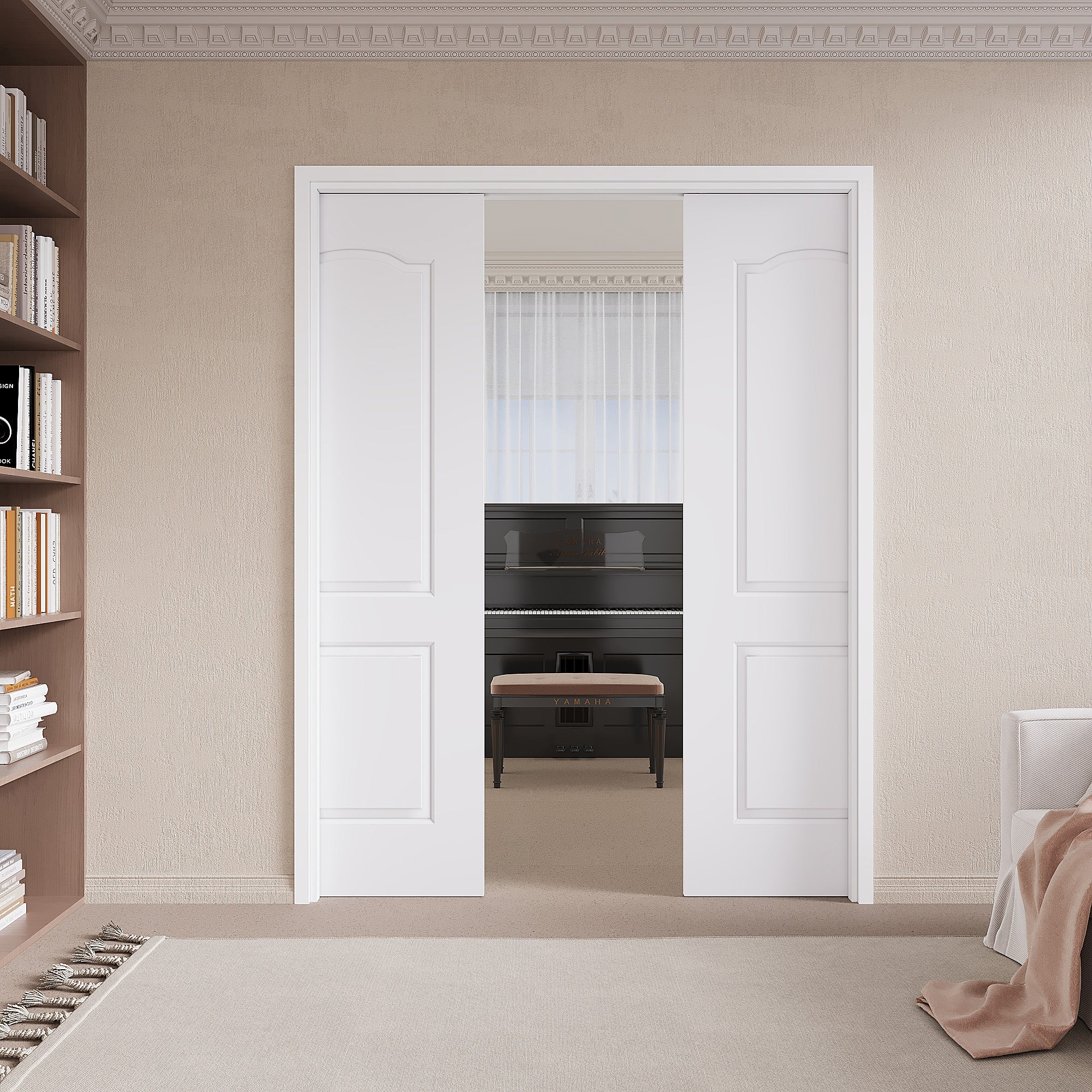 Ark Design Molded Arch Top 2 lite Panel Pocket Door with Hardware Kit & Soft Close & Frame, Solid Core MDF Wood & Paint-grade Finished, White