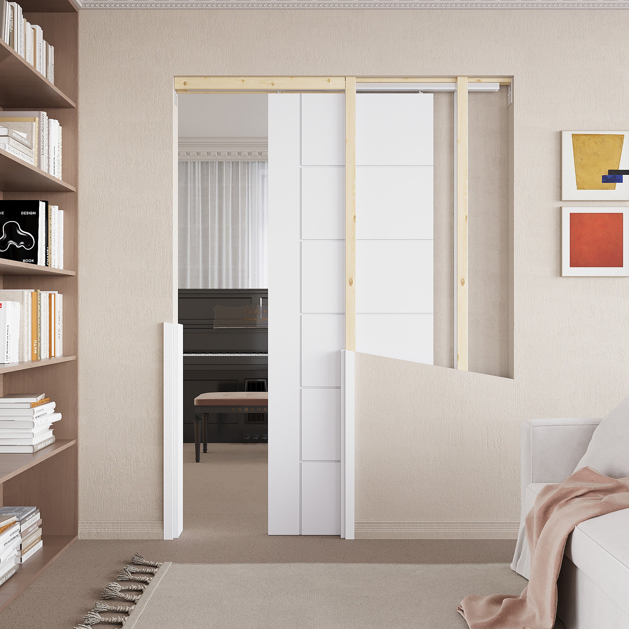 Ark Design Molded 6  Panel Modern Pocket Door with Hardware Kit & Soft Close & Frame, Solid Core MDF Wood & Paint-grade Finished, White