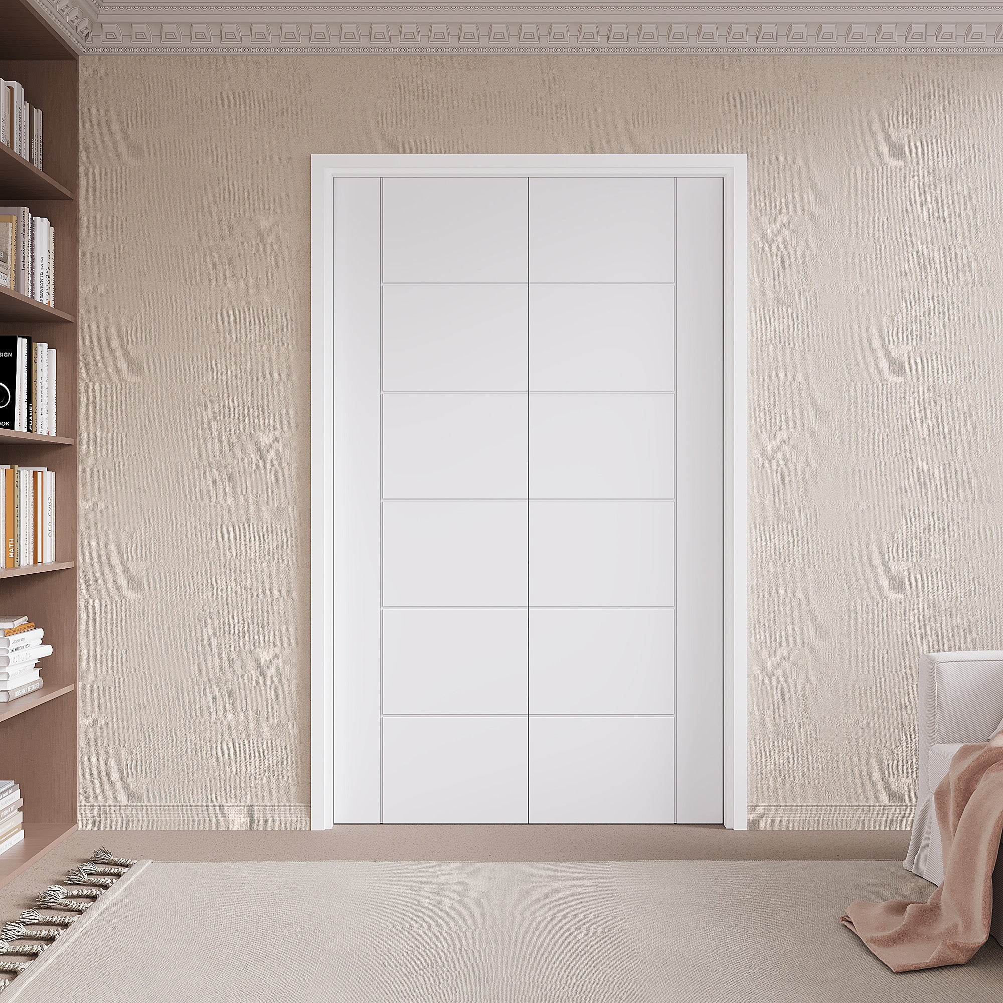 Ark Design Molded 6  Panel Modern Pocket Door with Hardware Kit & Soft Close & Frame, Solid Core MDF Wood & Paint-grade Finished, White