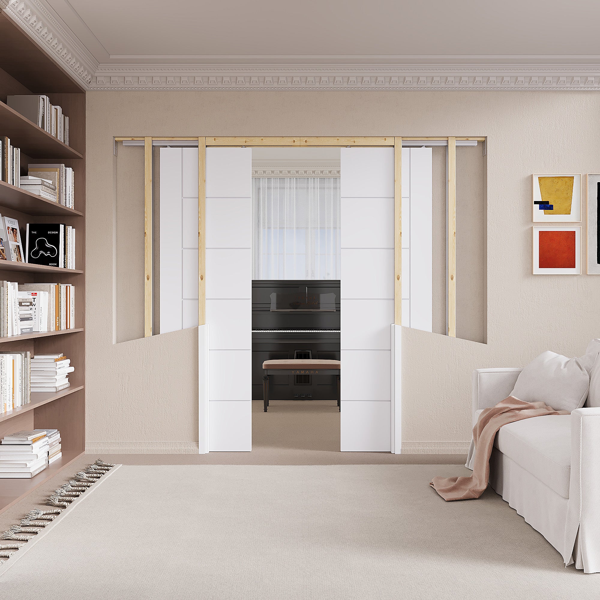 Ark Design Molded 6  Panel Modern Pocket Door with Hardware Kit & Soft Close & Frame, Solid Core MDF Wood & Paint-grade Finished, White