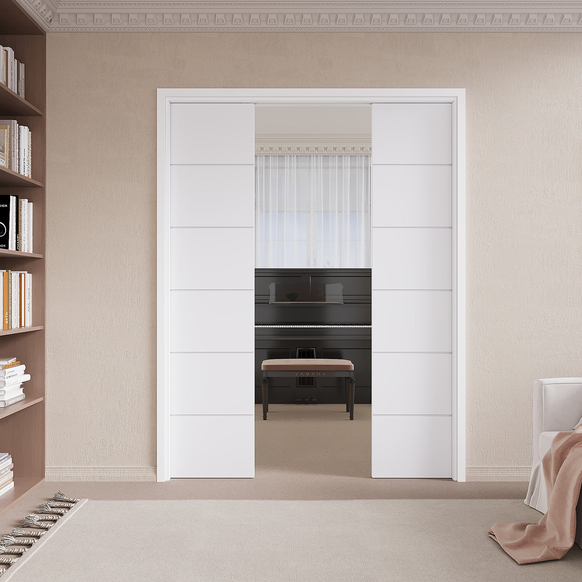 Ark Design Molded 6  Panel Modern Pocket Door with Hardware Kit & Soft Close & Frame, Solid Core MDF Wood & Paint-grade Finished, White