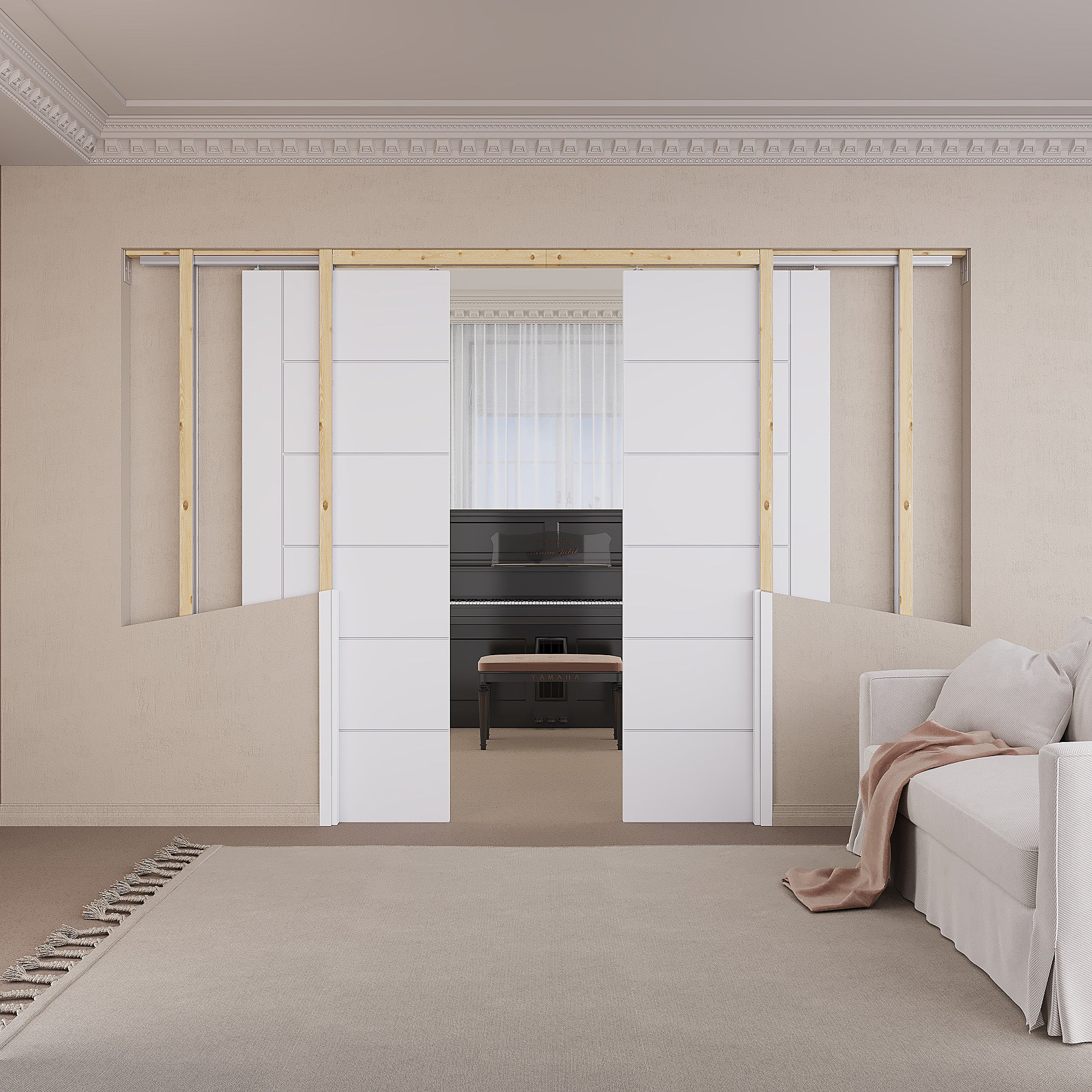 Ark Design Molded 6  Panel Modern Pocket Door with Hardware Kit & Soft Close & Frame, Solid Core MDF Wood & Paint-grade Finished, White