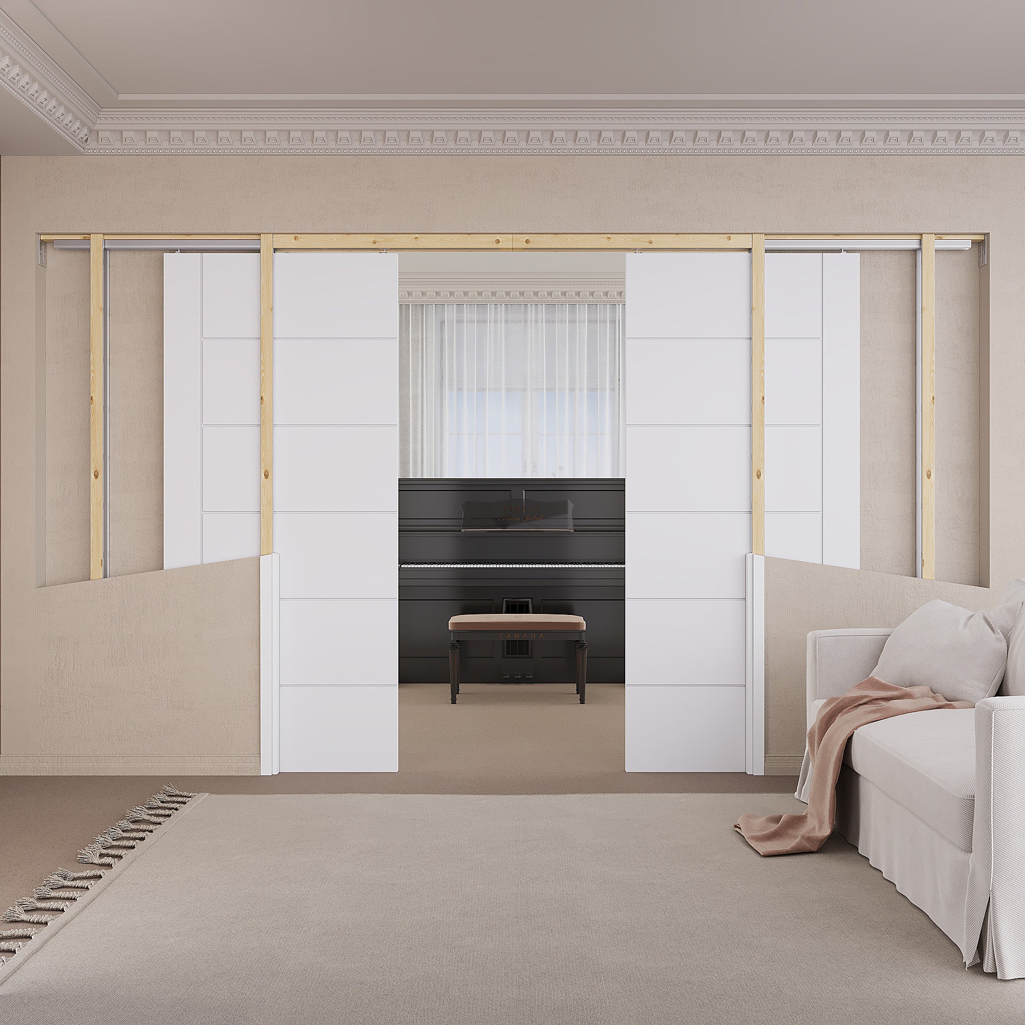 Ark Design Molded 6  Panel Modern Pocket Door with Hardware Kit & Soft Close & Frame, Solid Core MDF Wood & Paint-grade Finished, White