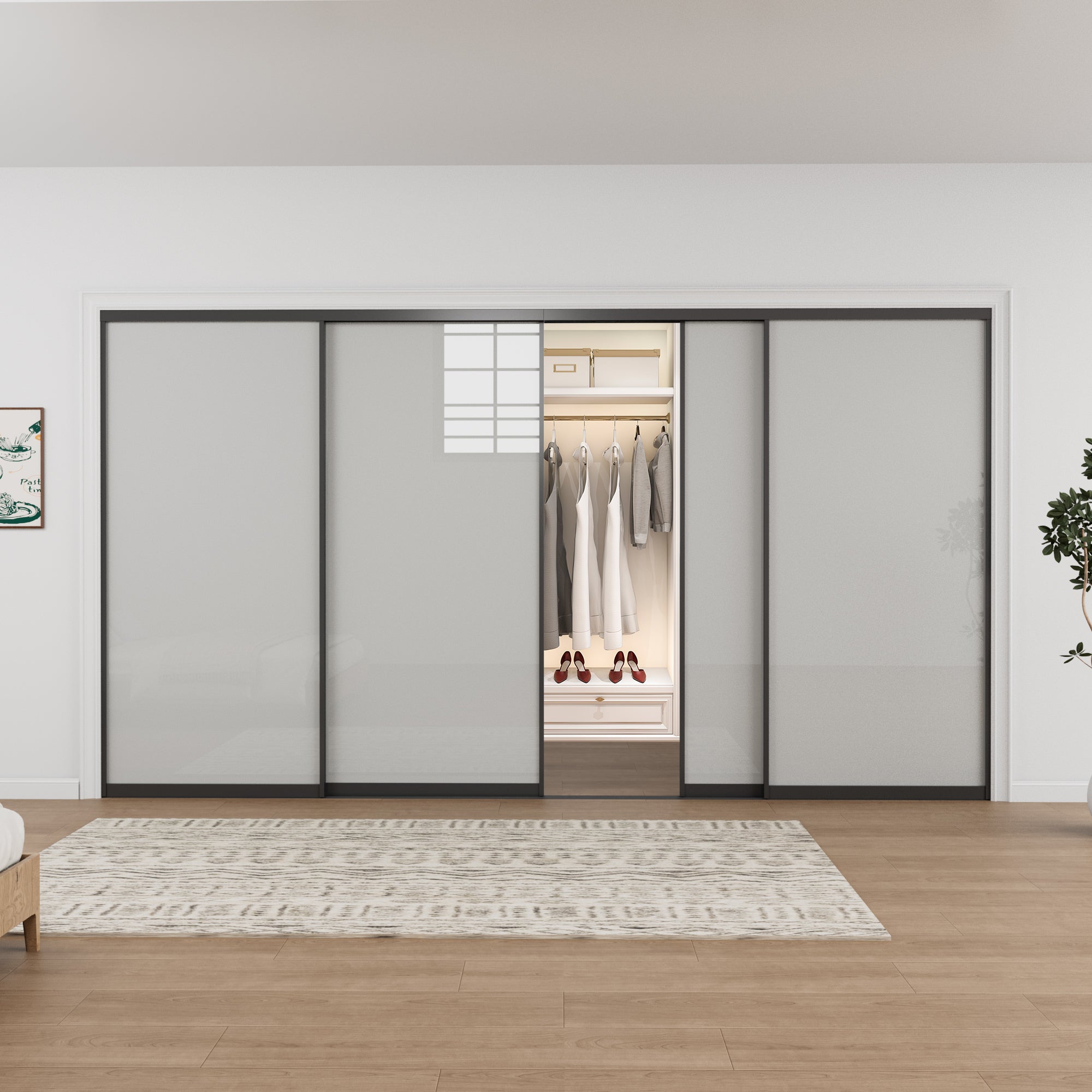 Ark Design 1-Lite Tempered Frosted Glass Bypass Sliding Closet Door with Hardware Kit,Black Aluminum Frame