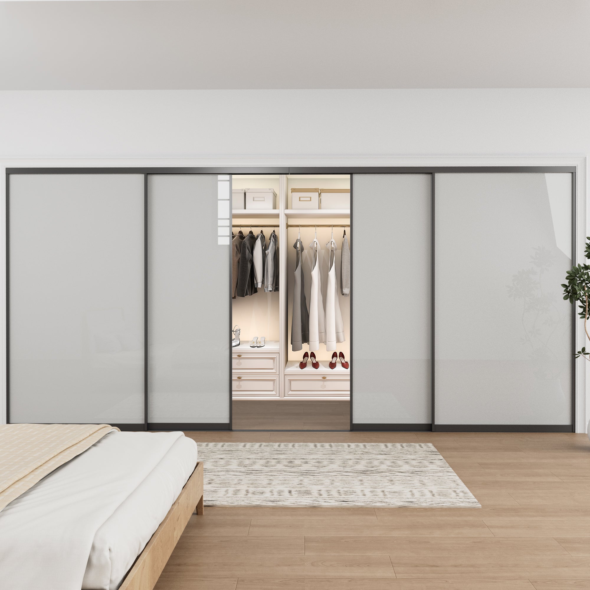 Ark Design 1-Lite Tempered Frosted Glass Bypass Sliding Closet Door with Hardware Kit,Black Aluminum Frame