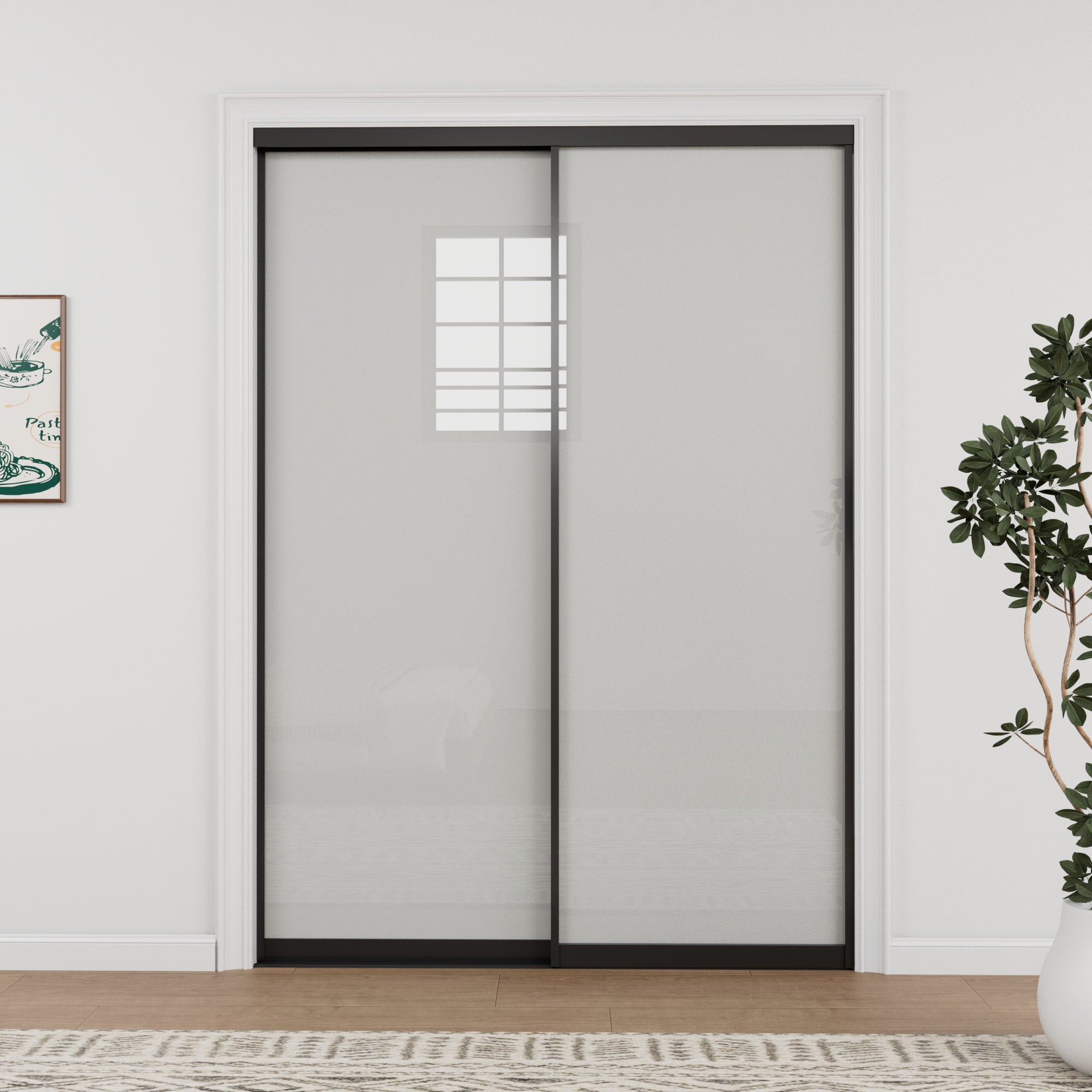 Ark Design 1-Lite Tempered Frosted Glass Bypass Sliding Closet Door with Hardware Kit,Black Aluminum Frame