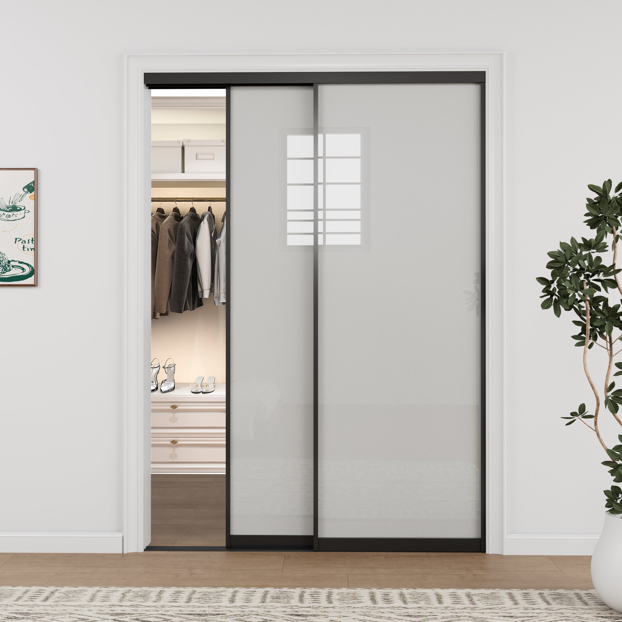 Ark Design 1-Lite Tempered Frosted Glass Bypass Sliding Closet Door with Hardware Kit,Black Aluminum Frame