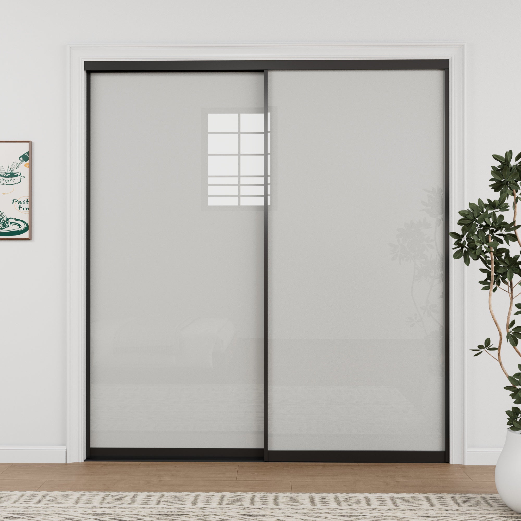 Ark Design 1-Lite Tempered Frosted Glass Bypass Sliding Closet Door with Hardware Kit,Black Aluminum Frame