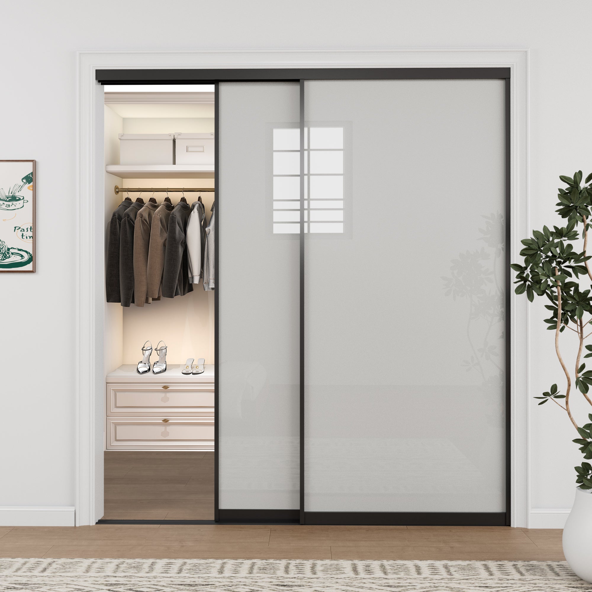 Ark Design 1-Lite Tempered Frosted Glass Bypass Sliding Closet Door with Hardware Kit,Black Aluminum Frame
