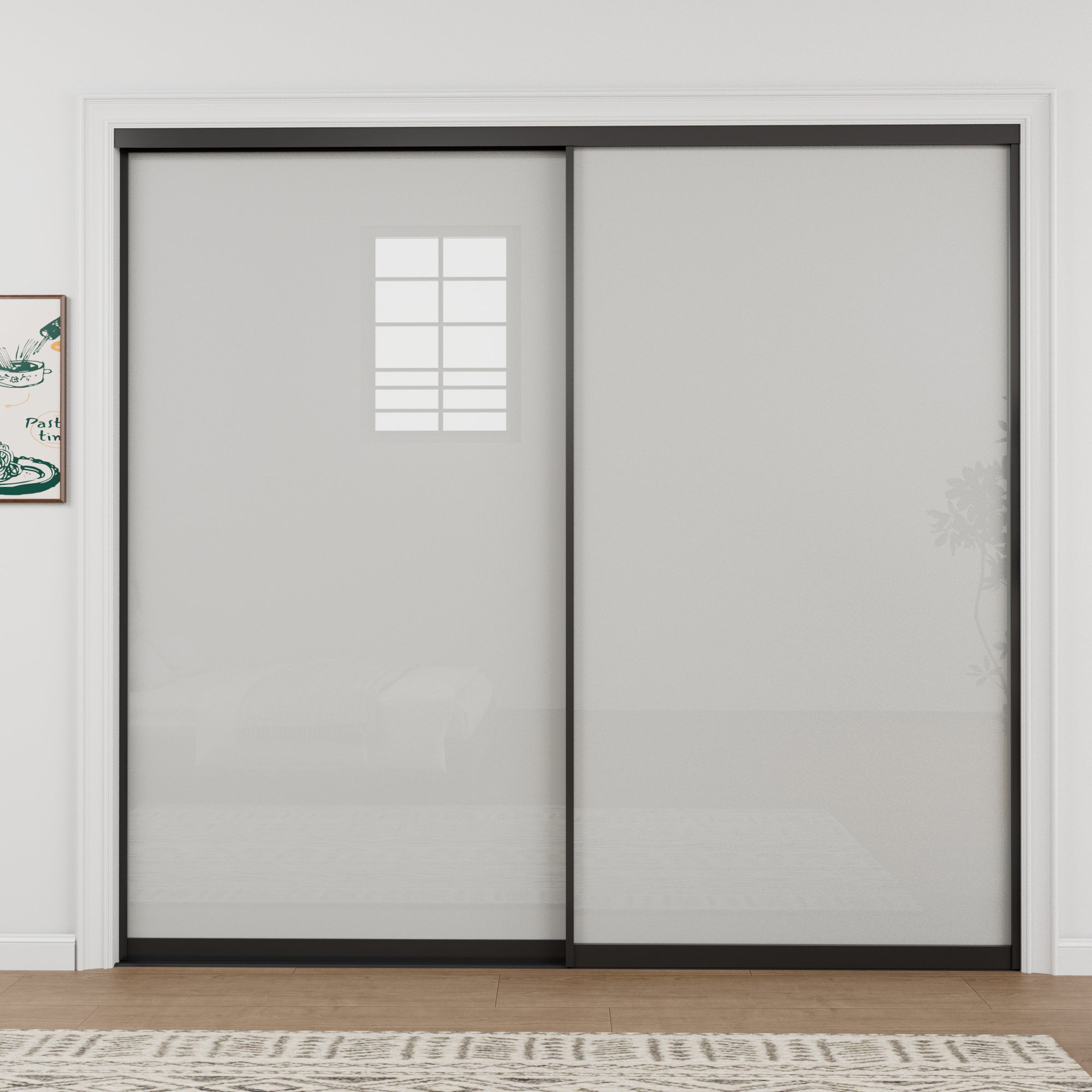 Ark Design 1-Lite Tempered Frosted Glass Bypass Sliding Closet Door with Hardware Kit,Black Aluminum Frame