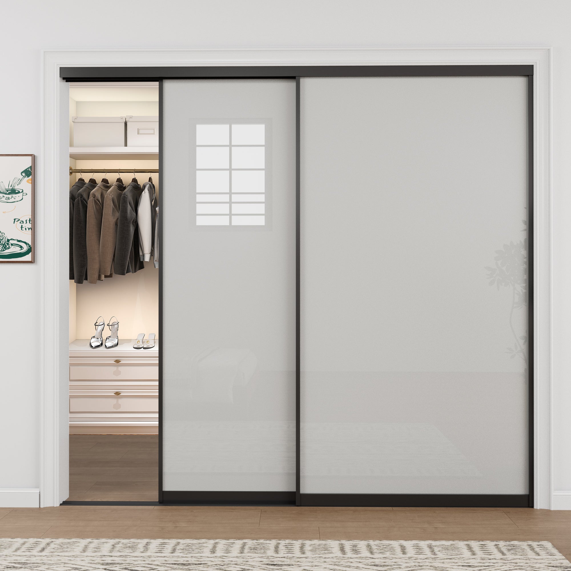 Ark Design 1-Lite Tempered Frosted Glass Bypass Sliding Closet Door with Hardware Kit,Black Aluminum Frame