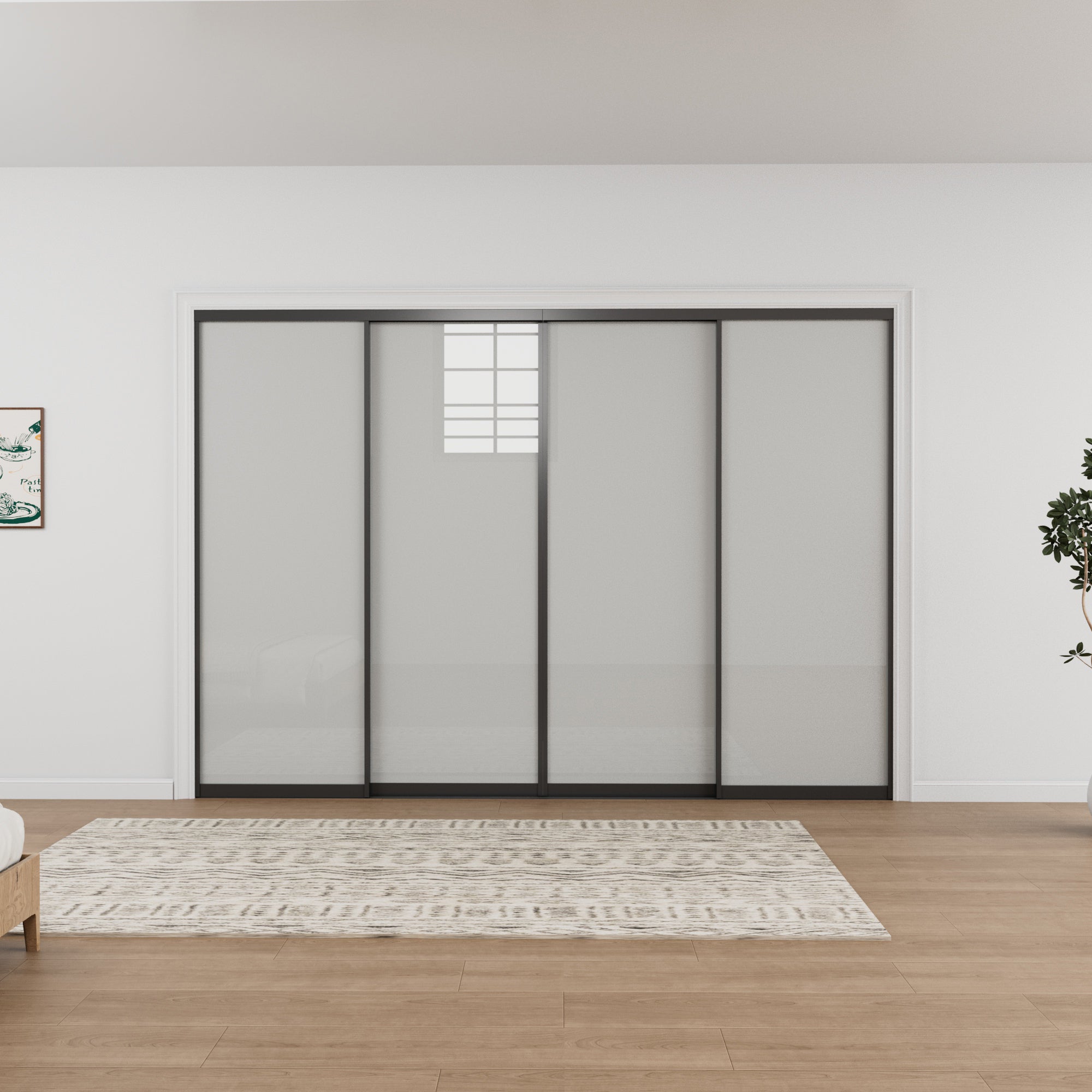 Ark Design 1-Lite Tempered Frosted Glass Bypass Sliding Closet Door with Hardware Kit,Black Aluminum Frame