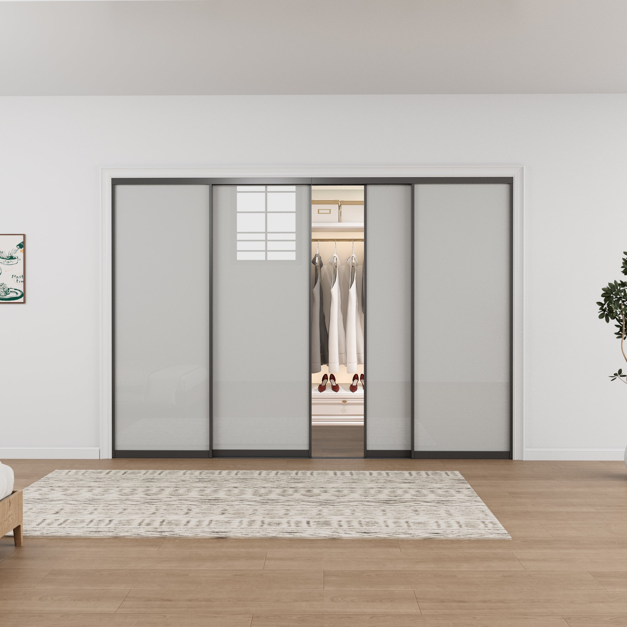 Ark Design 1-Lite Tempered Frosted Glass Bypass Sliding Closet Door with Hardware Kit,Black Aluminum Frame