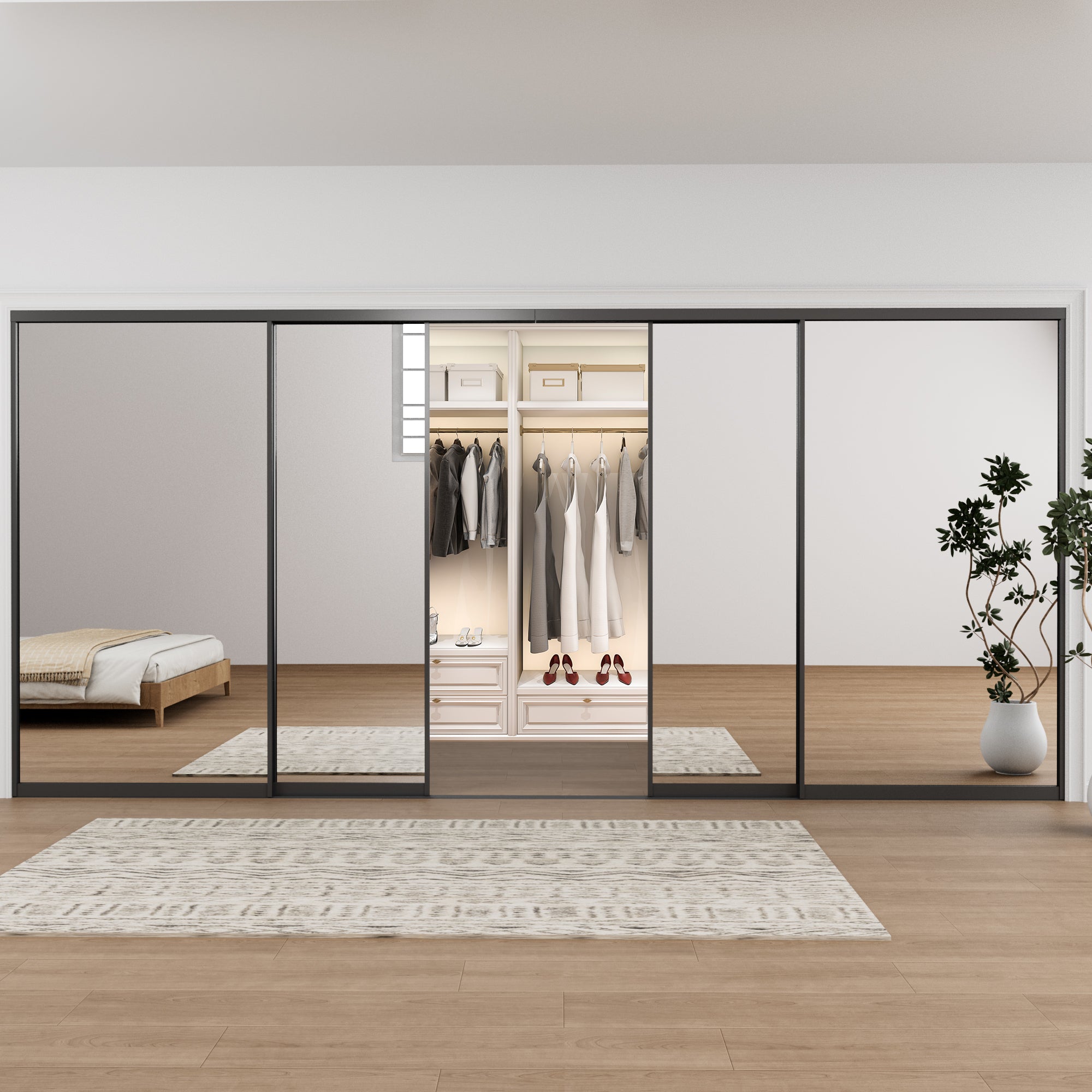 Ark Design 1-Lite High Definition Mirror Bypass Sliding Closet Door with Hardware Kit,Black Aluminum Frame