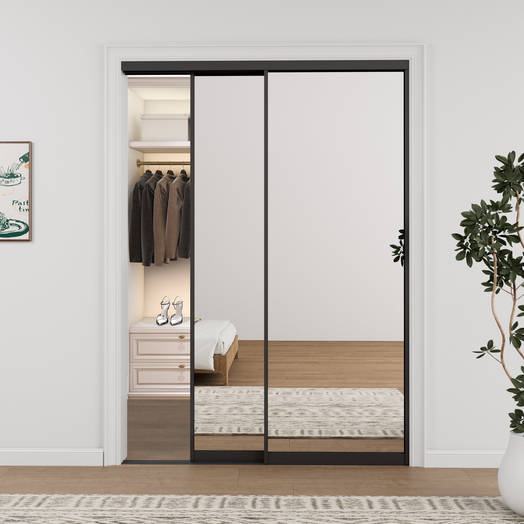 Ark Design 1-Lite High Definition Mirror Bypass Sliding Closet Door with Hardware Kit,Black Aluminum Frame