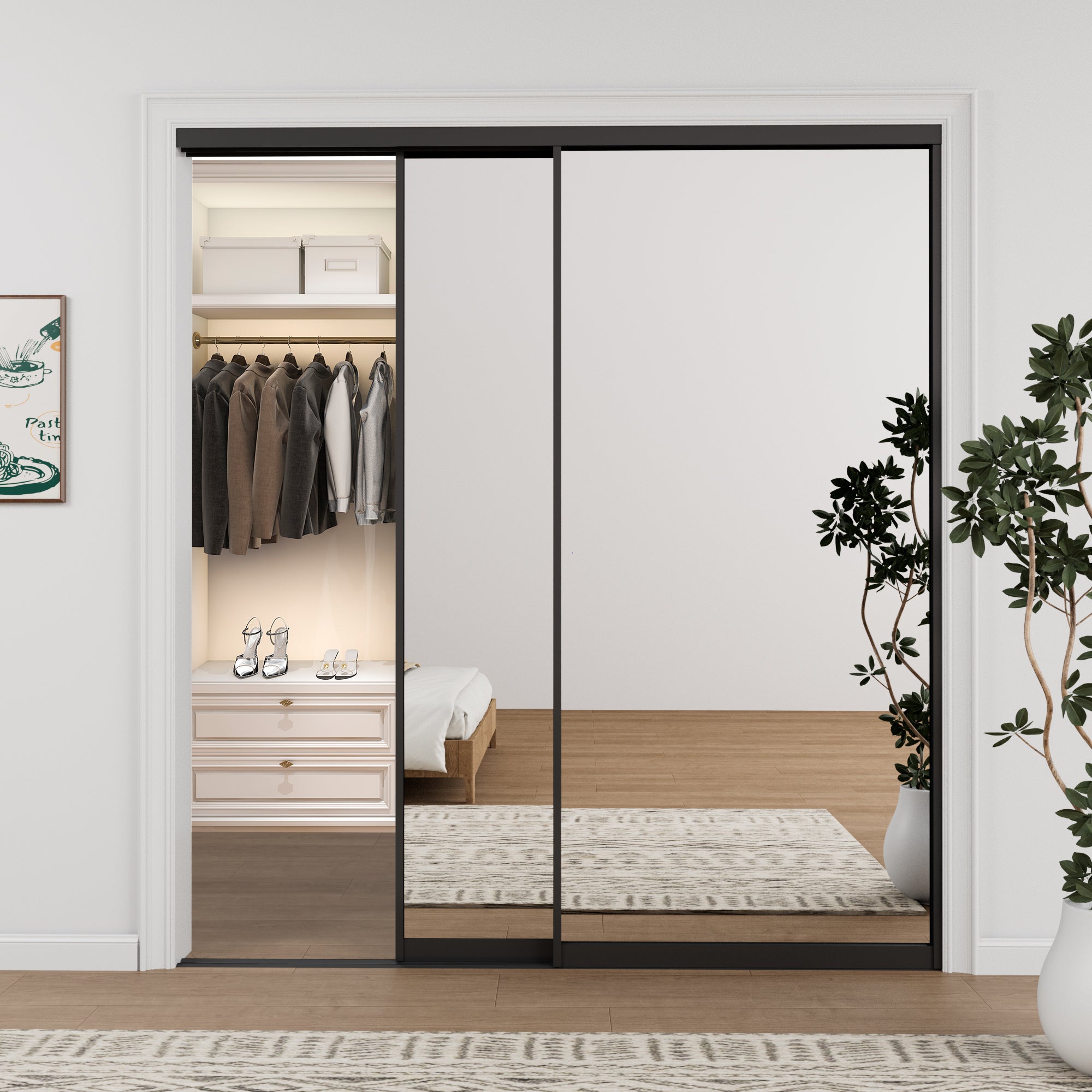 Ark Design 1-Lite High Definition Mirror Bypass Sliding Closet Door with Hardware Kit,Black Aluminum Frame