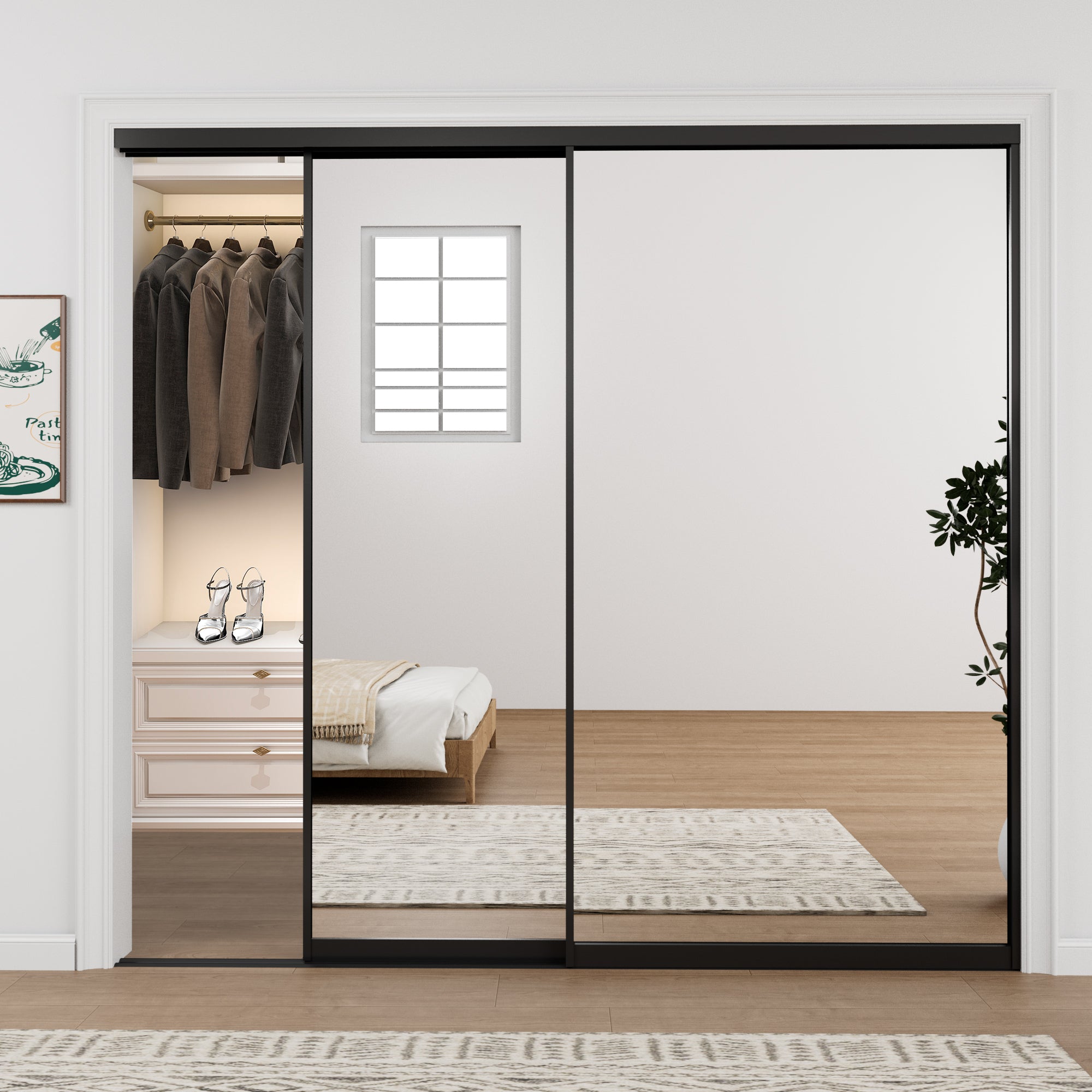 Ark Design 1-Lite High Definition Mirror Bypass Sliding Closet Door with Hardware Kit,Black Aluminum Frame