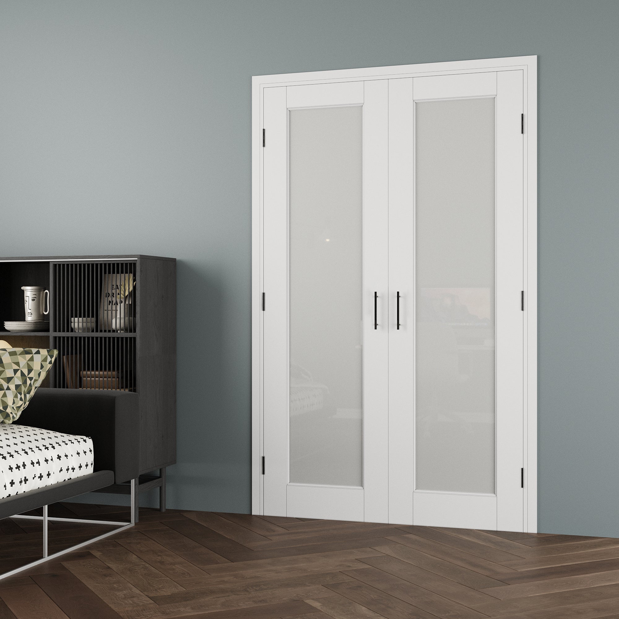 [Black Ball Catch Prehung French Door Collection] 1-Lite Frosted Glass White Solid Core Glass French Door Panels with Black Ball Catch Ready-to-Assemble Jamb